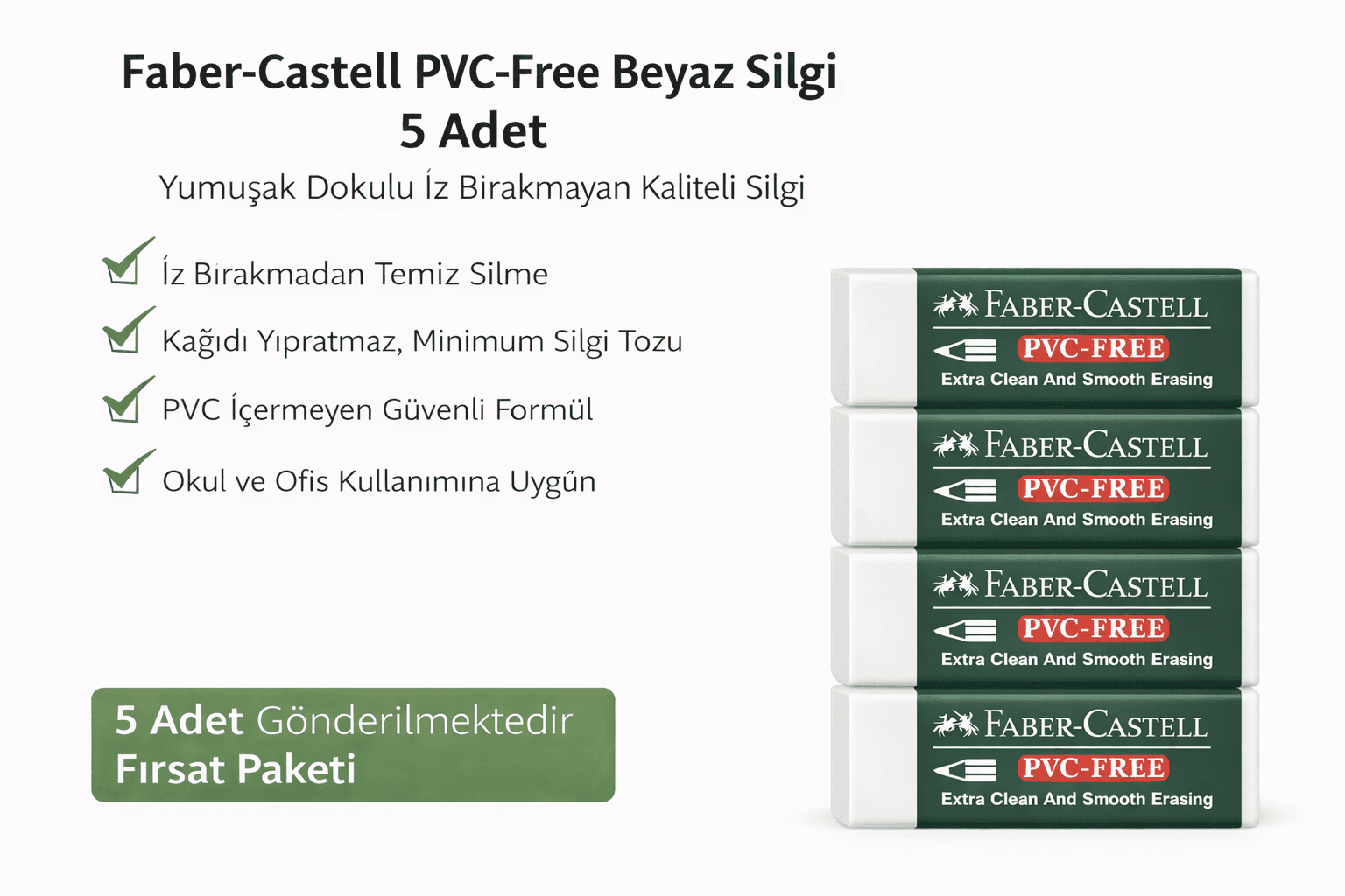 No24 PVC Free Beyaz Silgi 5 Adet İz Bırakmayan Yumuşak Dokulu Okul Ofis Silgisi