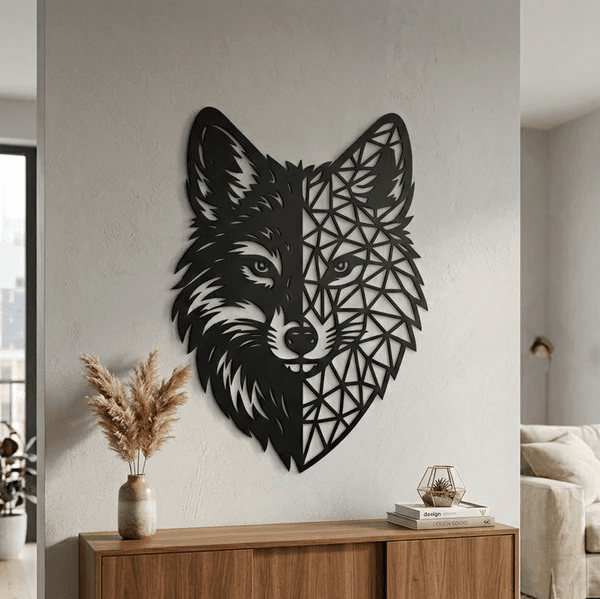 Geometrik Kurt Duvar Tablosu MDF Lazer Kesim Modern Duvar Süsü Minimal Hayvan Figürlü Dekor