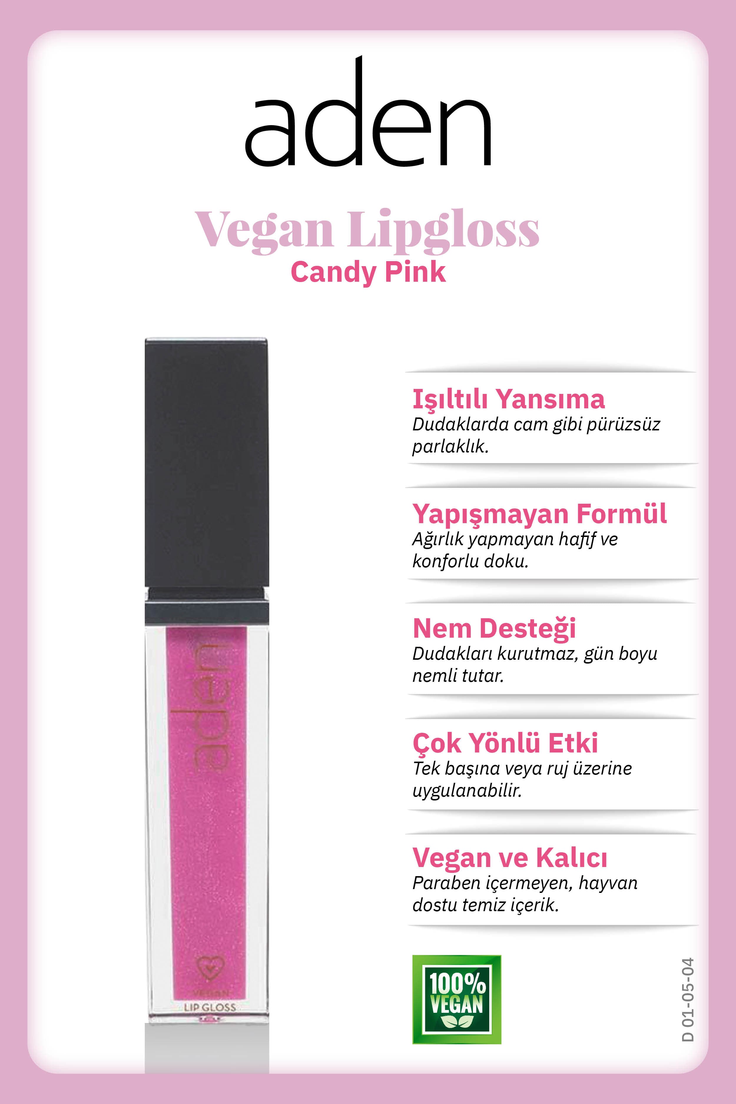 Aden Vegan Lipgloss - Vegan Dudak Parlatıcısı 04 Candy Pink(Şeker Pembesi)