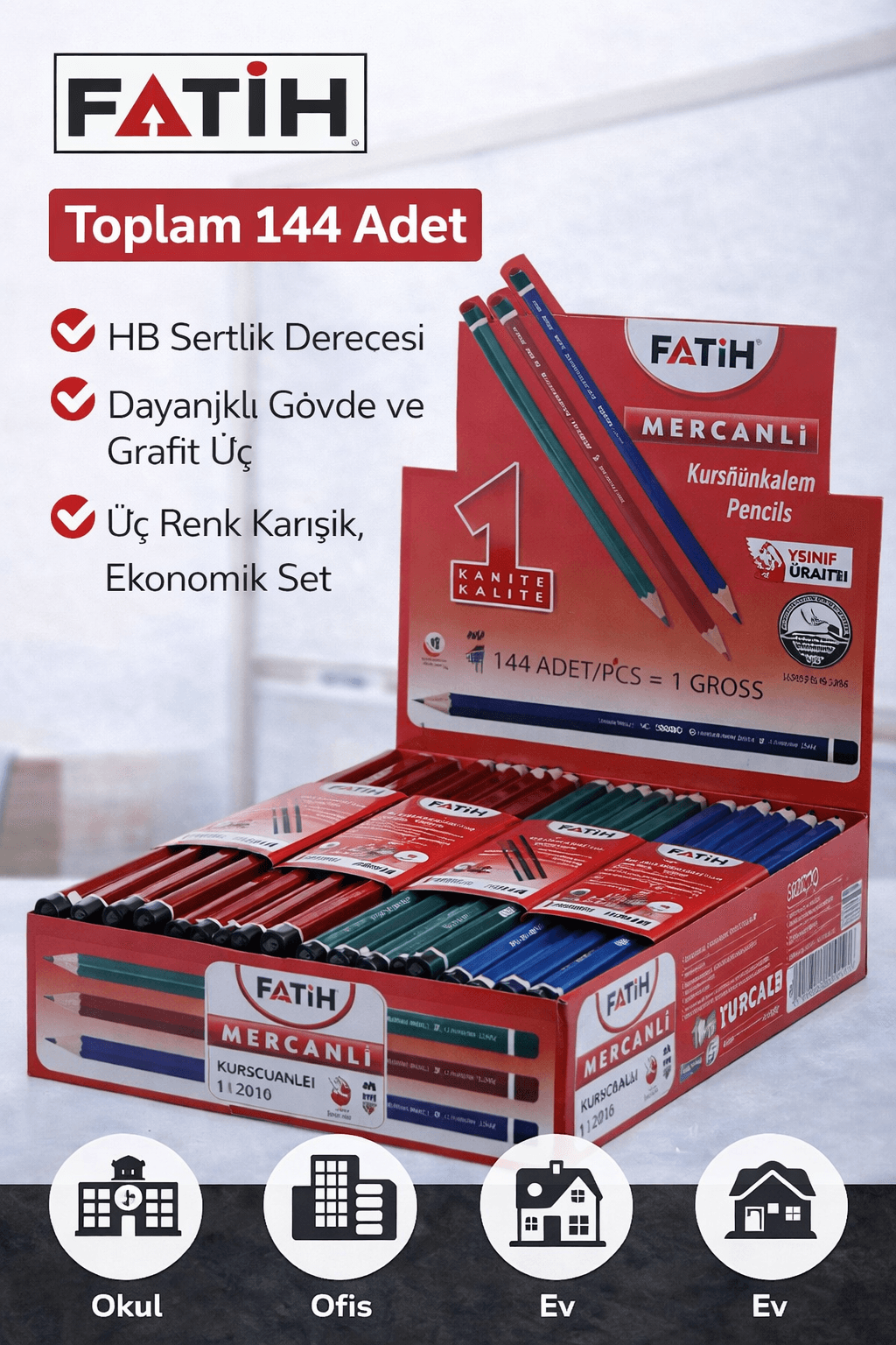 Fatih Mercanlı 12010 HB Kurşun Kalem Silgisiz 144 Adet Karışık Renk