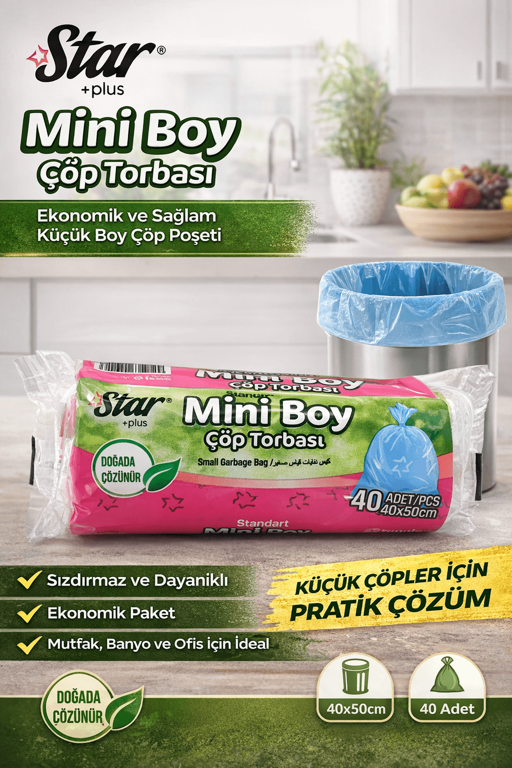 Star Plus Mini Boy Çöp Torbası 40'lı 1 Paket 40x50 cm Dayanıklı Sızdırmaz Küçük Boy Çöp Poşeti