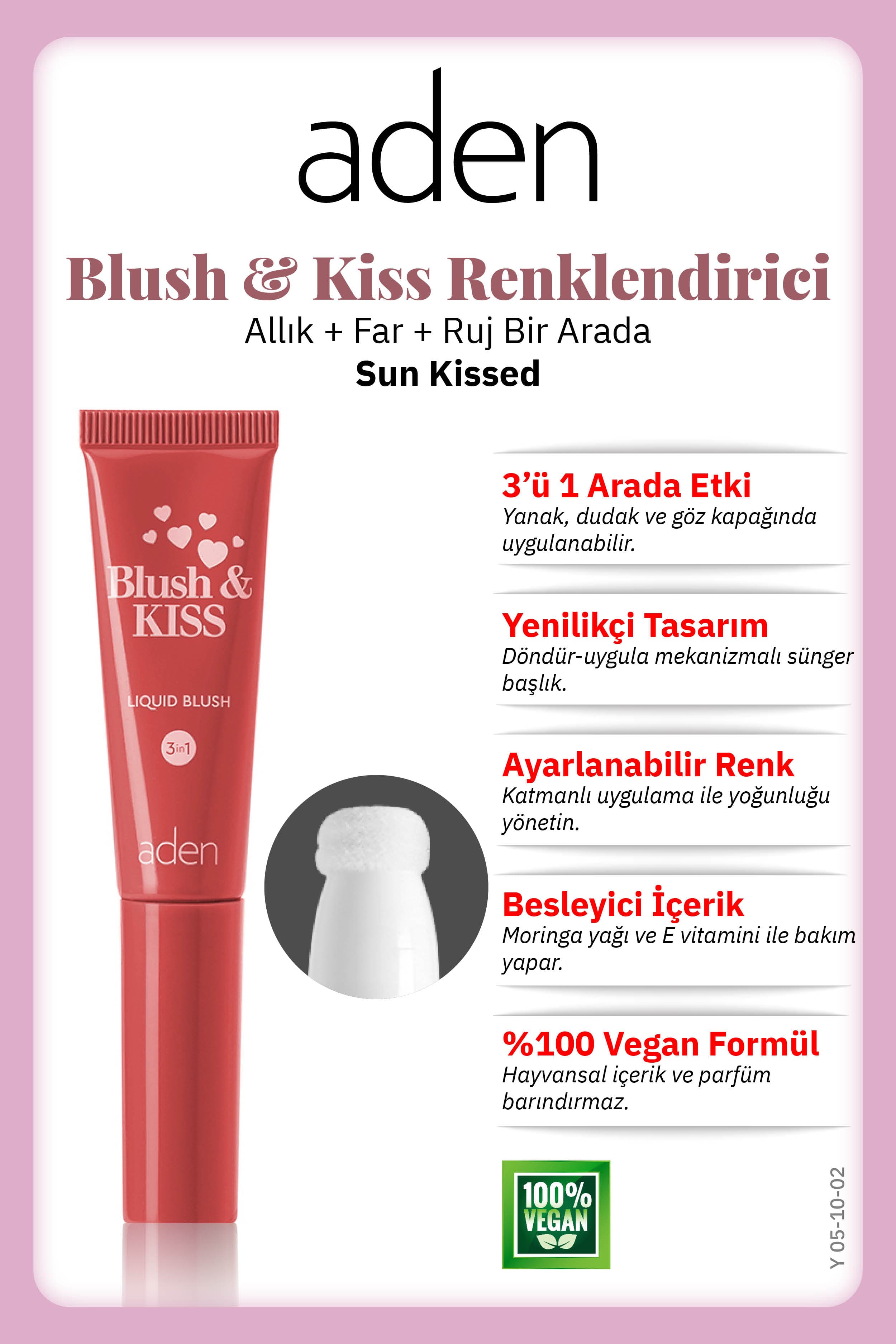 Aden 3in1 Blush & Kiss 02 Sun Kissed(Güneş Öpücüğü)