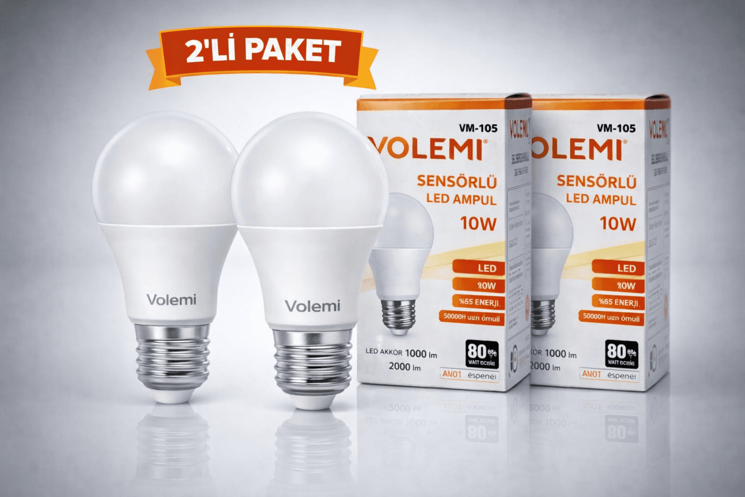 Volemi VM-10S Sensörlü LED Ampul 10W 2000 Lümen E27 Duy 50000 Saat Ömür Enerji Tasarruflu Beyaz Işık 2 Adet
