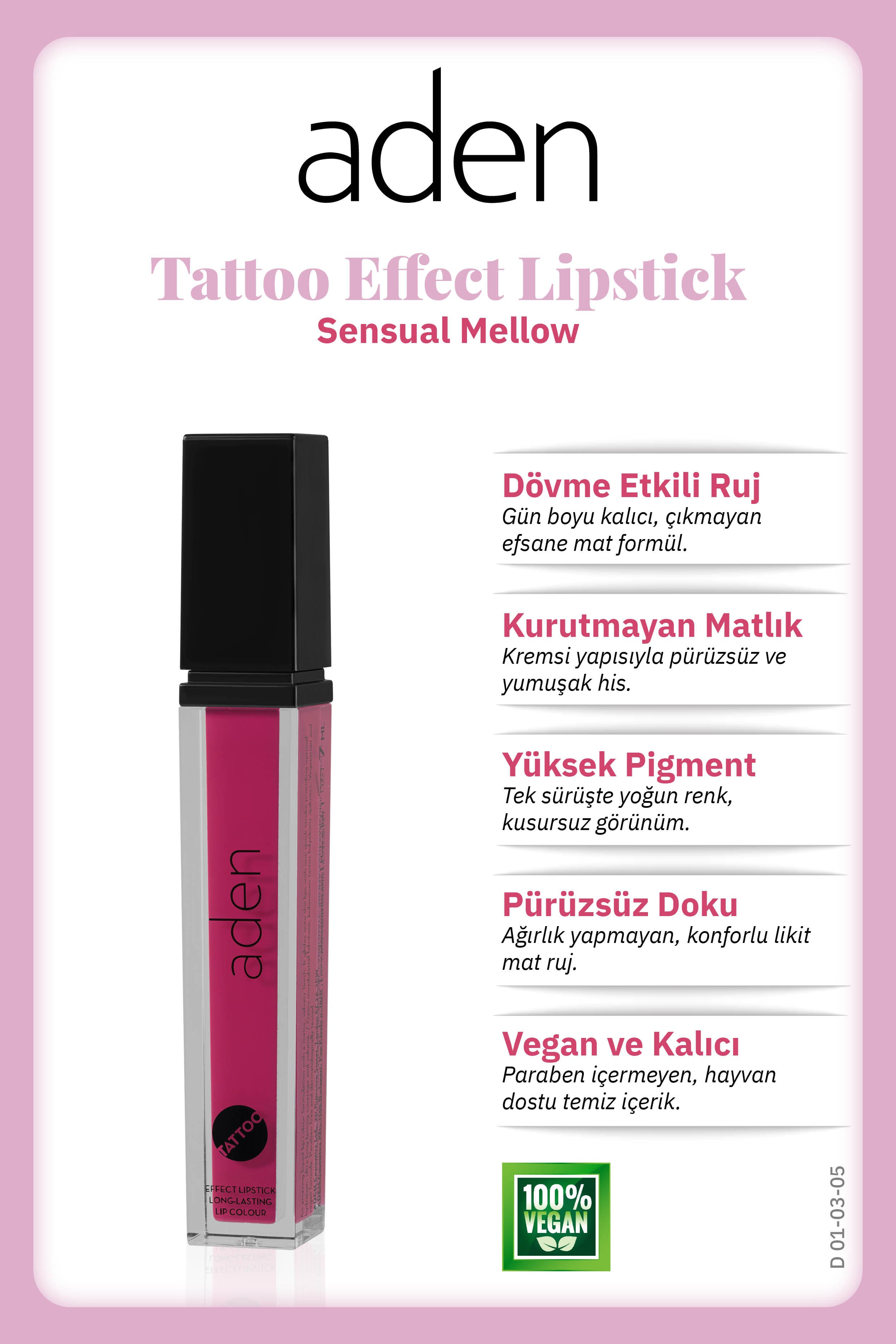 Aden Tattoo Effect Lipstick - Dövme Etkili Likit Ruj Sensual Mellow(Ahududu Pembesi)