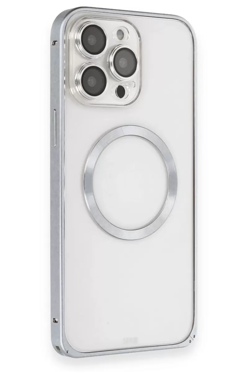 iPhone 15 Pro Max Kılıf Metal Bumper Magneticsafe Kapak - Gri