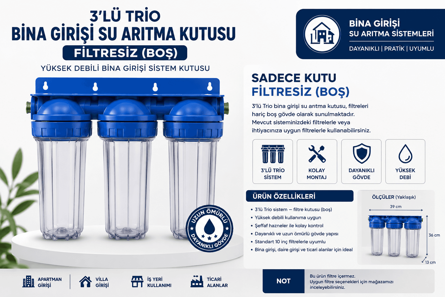 3’lü Trio Bina Girişi Su Arıtma Filtresi Kabı Filtresiz Boş Gövde