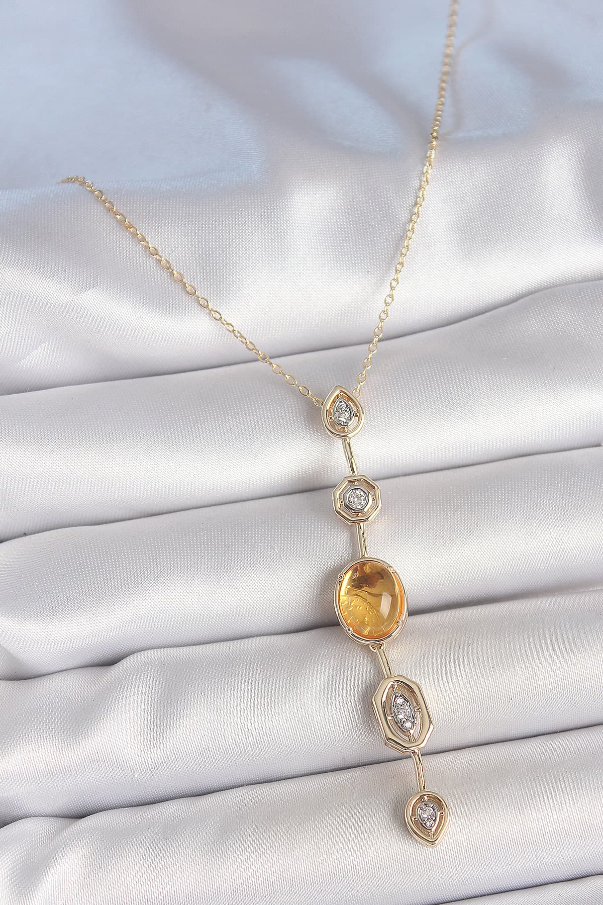 Pirinç Zincir Kehribar Sarı Gold Renk  Zirkon Taşlı Y Kolye