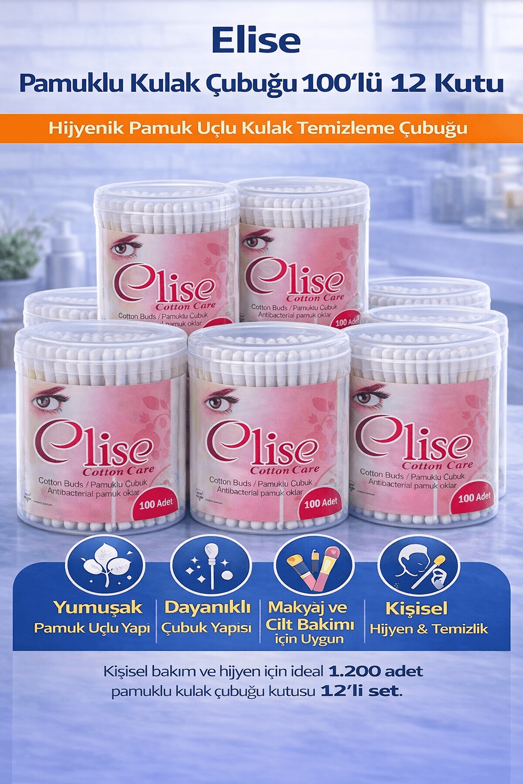Elise Pamuklu Kulak Çubuğu 100'lü 12 Kutu Toplam 1200 Adet Pamuk Uçlu Kulak Temizleme Çubuğu Seti