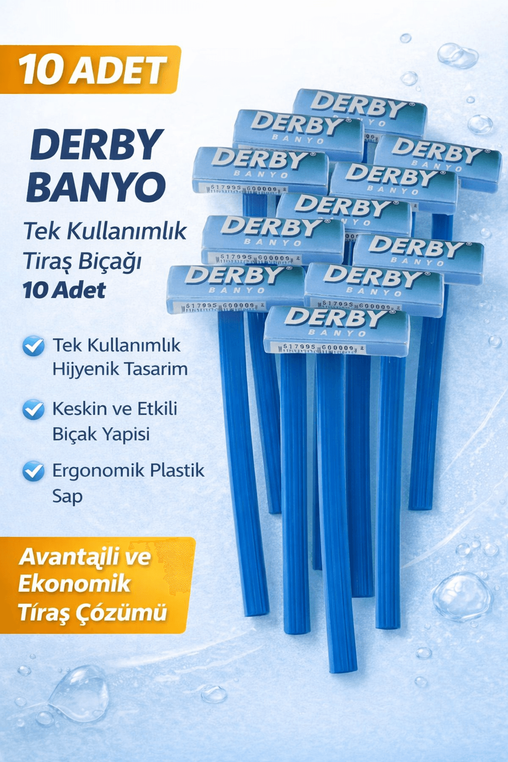 Derby Banyo Tek Kullanımlık Tıraş Bıçağı 10 Adet Plastik Saplı Ekonomik Pratik Tıraş Jileti