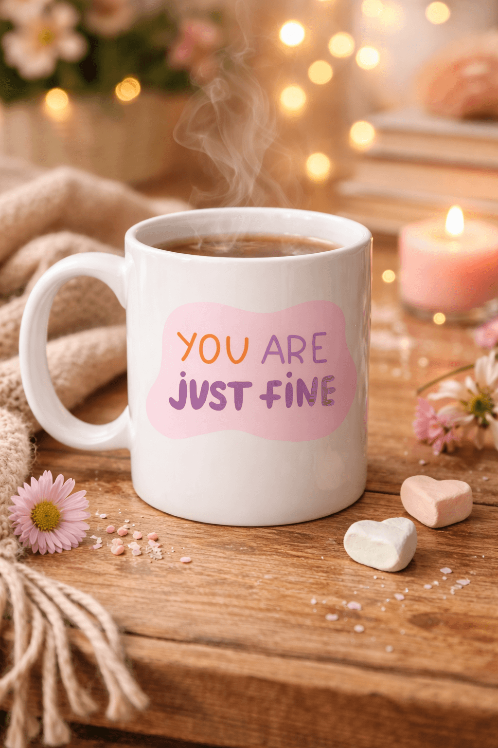 “You Are Just Fine” , "OLDUĞUN HALİNLE YETERLİSİN İYİSİN " Yazılı Porselen Kupa MODEL 150 – Motive Edici, Sıcak Tasarımlı Kahve & Çay Kupası – Hediye Seçeneği