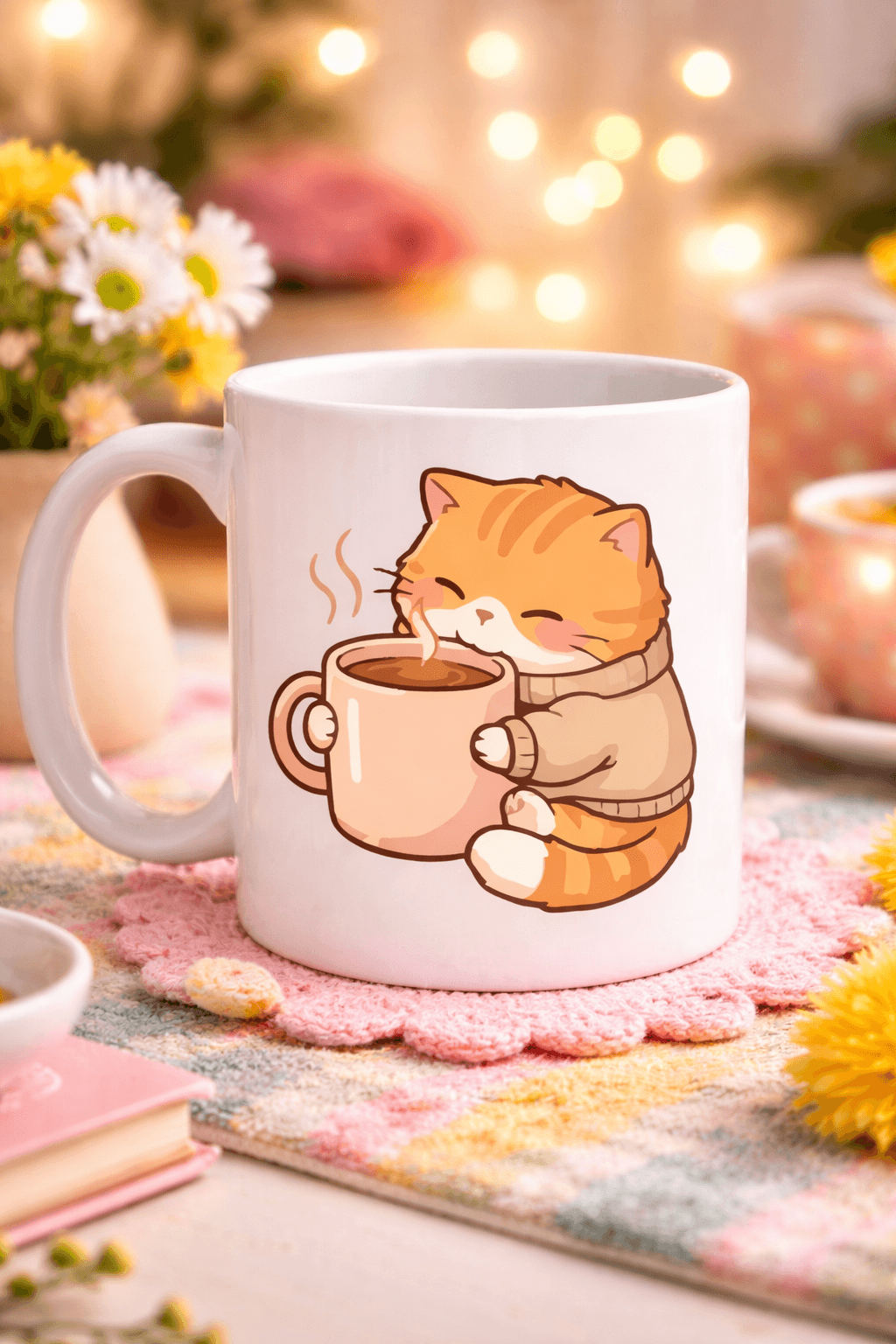 Sevimli Kedi Tasarımlı Porselen Kupa MODEL 188 – Kahve İçen Tatlı Kedi Figürlü Kahve Kupası – Kedi Severlere Hediye Kupa Bardak
