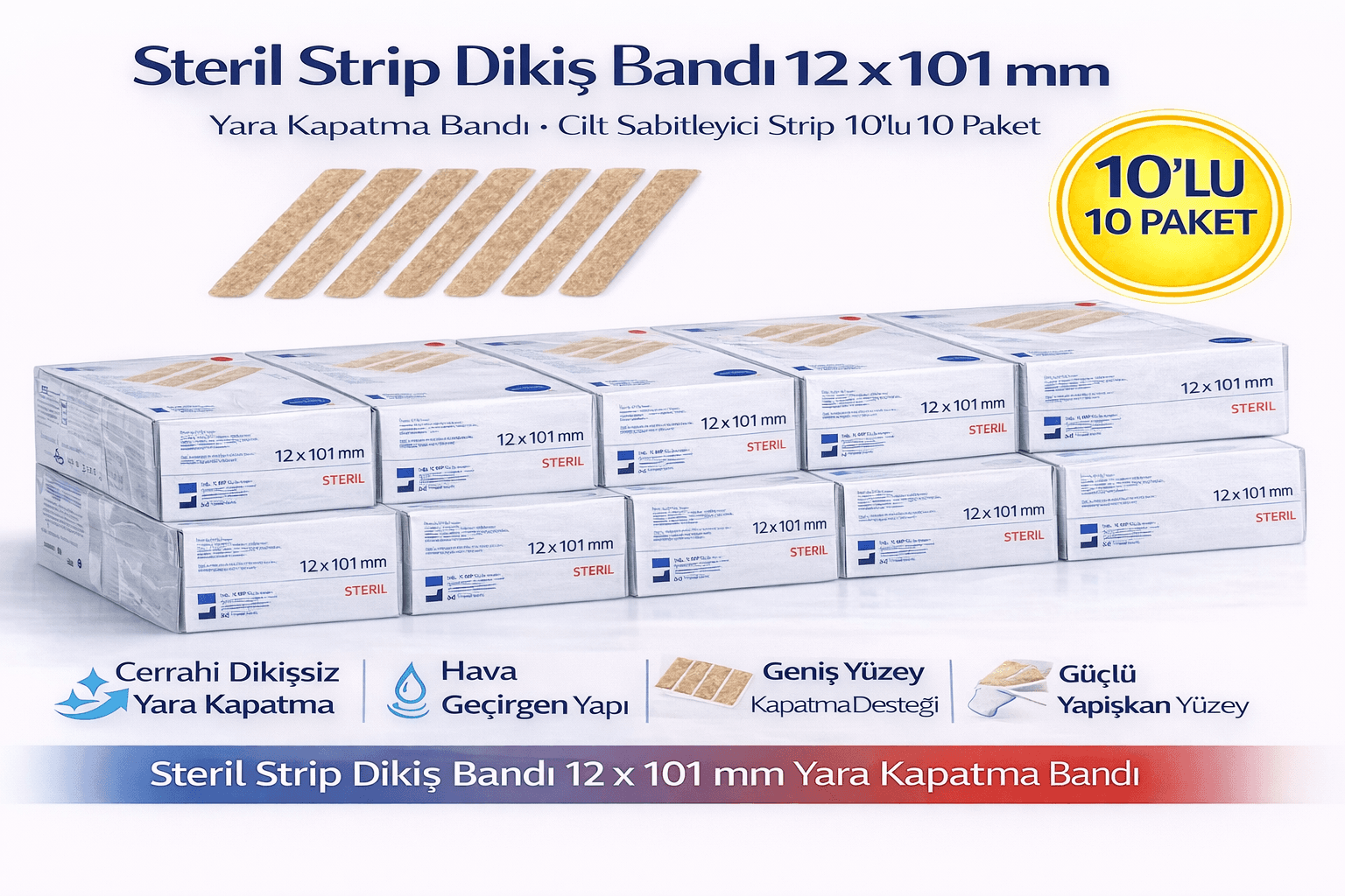 Steril Strip Dikiş Bandı 12 x 101 mm Yara Kapatma Bandı Cilt Sabitleyici Strip 10’lu 10 Paket