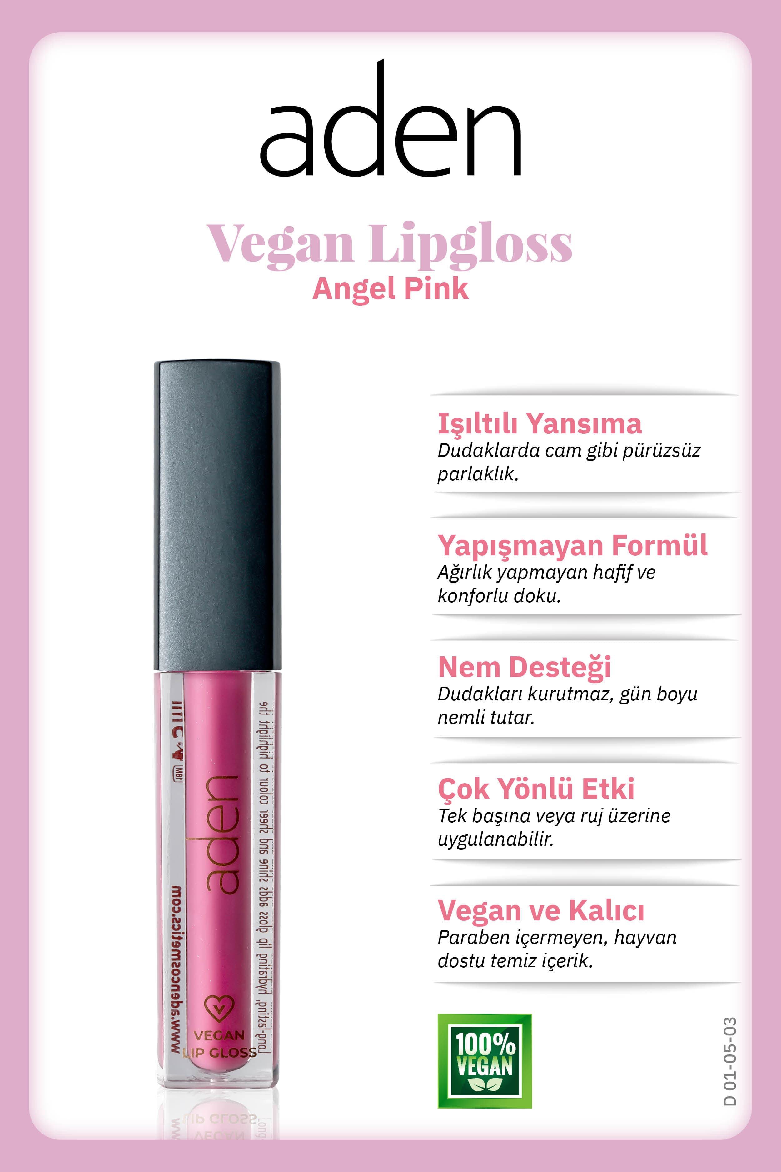 Aden Vegan Lipgloss - Vegan Dudak Parlatıcısı 03 Angel Pink(Işıltılı Şeftali)