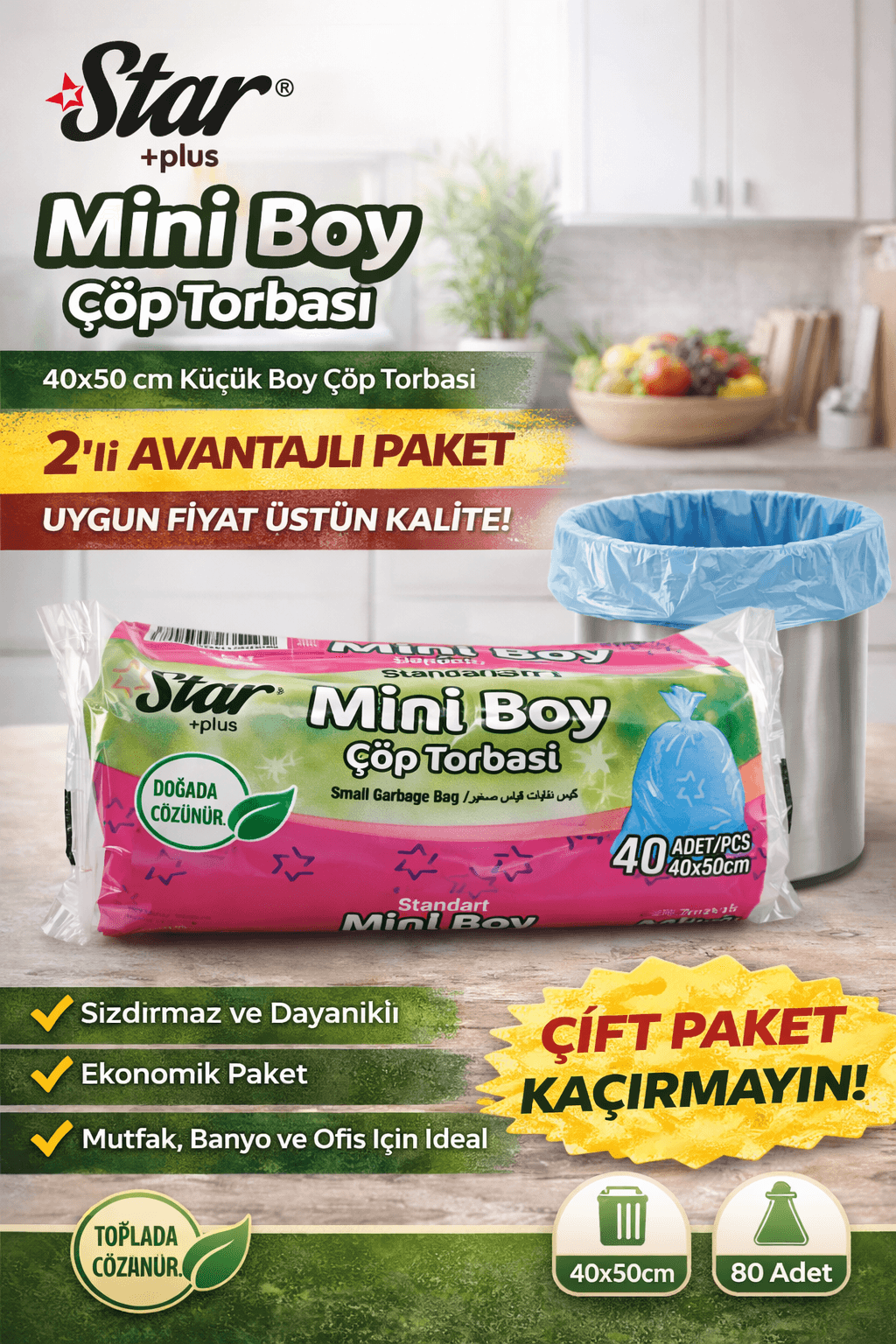 Star Plus Mini Boy Çöp Torbası 40'lı 2 Paket 40x50 cm Dayanıklı Sızdırmaz Küçük Boy Çöp Poşeti