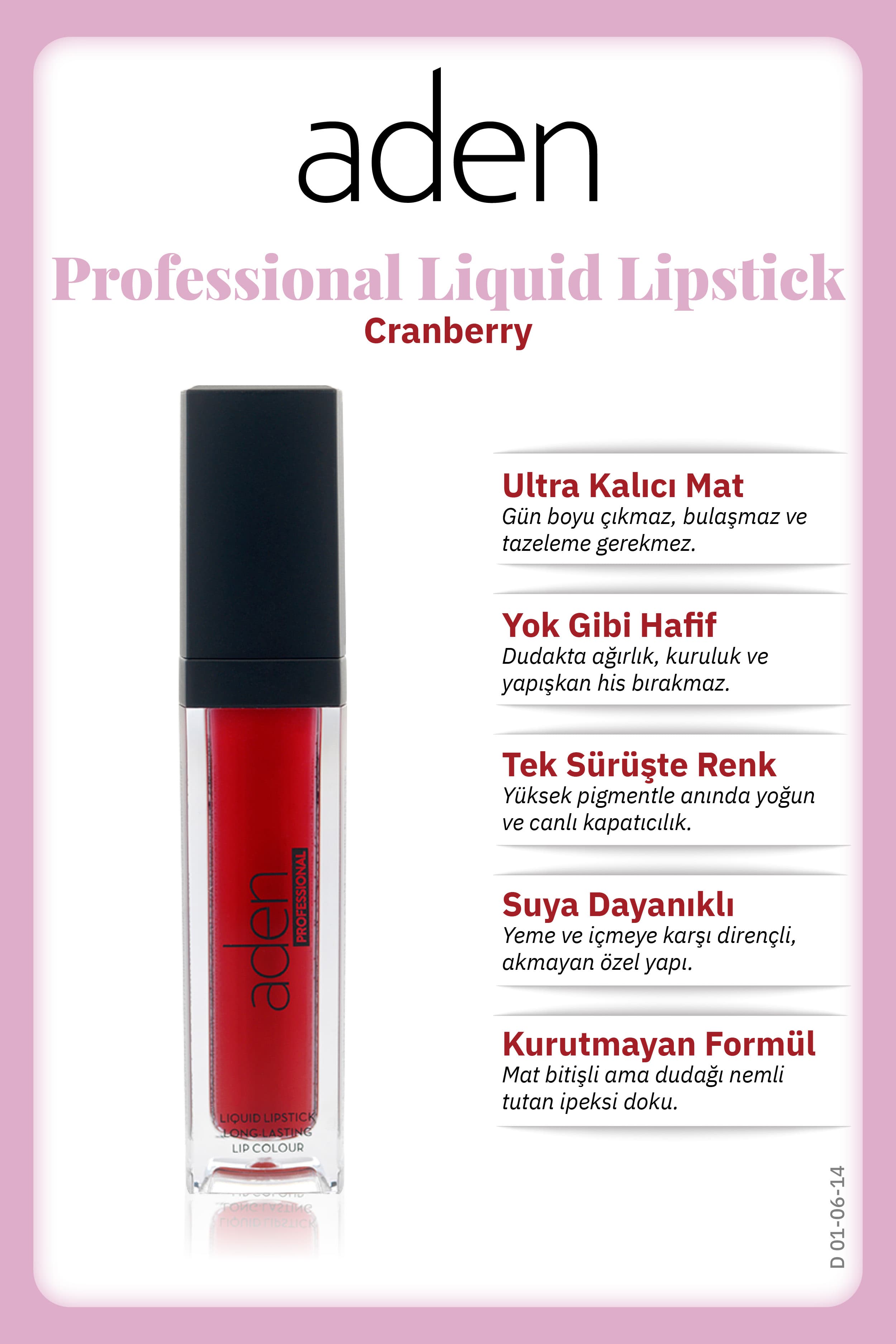 Aden Professional Liquid Lipstick - Profesyonel Likit Ruj 14 Cranberry(Kızılcık)