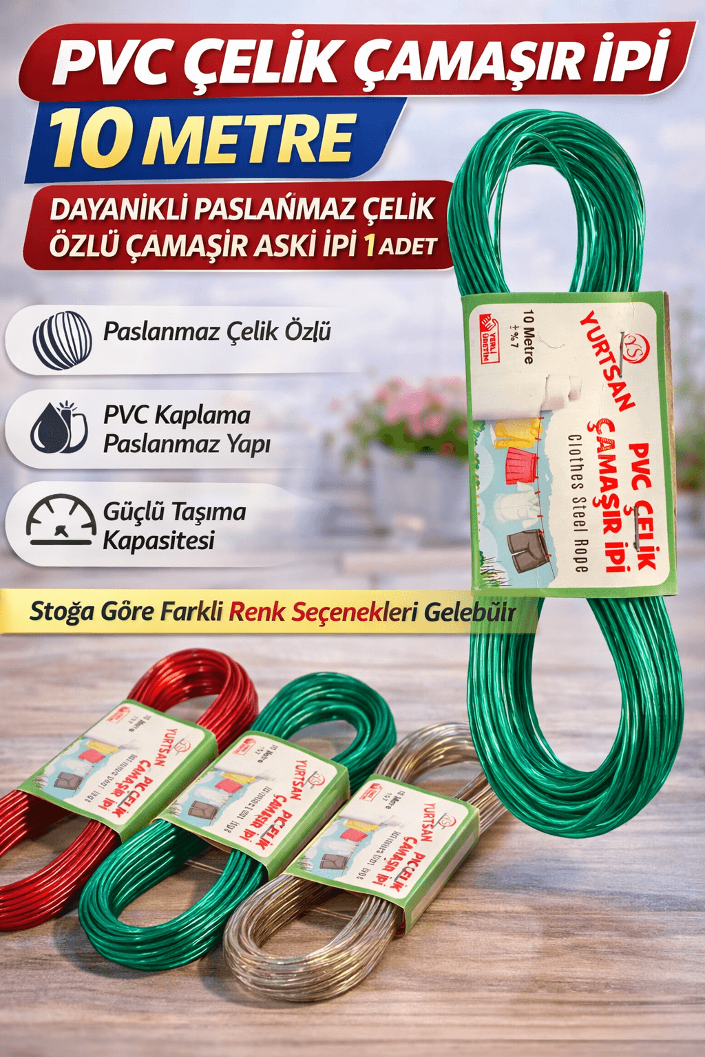PVC Çelik Çamaşır İpi 10 Metre Dayanıklı Paslanmaz Çelik Özlü Çamaşır Askı İpi 1 Adet