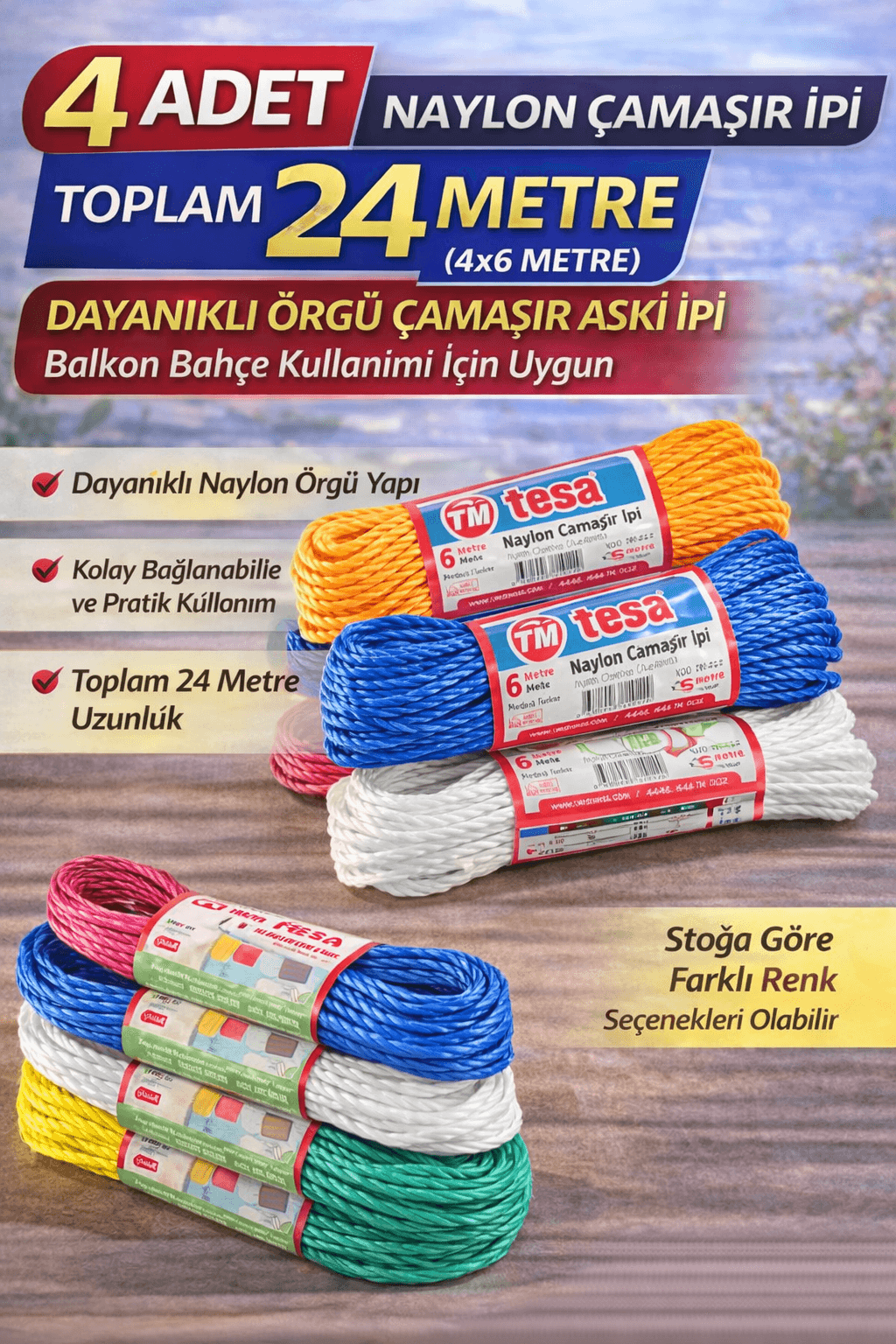 4 Adet Naylon Çamaşır İpi 6 Metre Dayanıklı Örgü Çamaşır Askı İpi Toplam 24 Metre