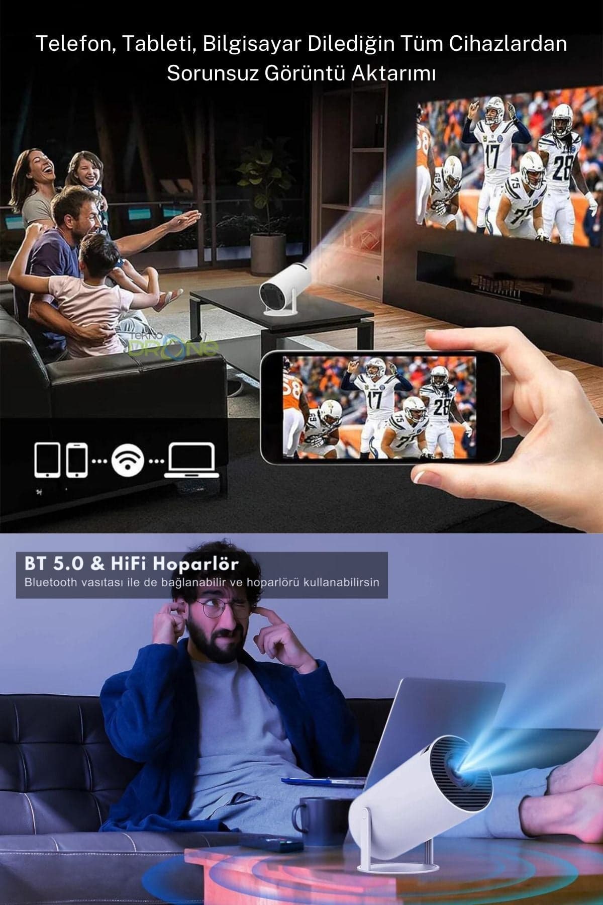 HY300 Mini Projeksiyon 4K Destekli - Android WiFi Bluetooth