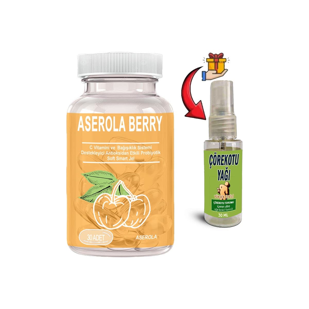 Aserola Berry 1 Ad Aserola Ekstratlı C Vitaminli Probiyotik 30lu Soft Jel Kapsüller + Çörek Otu Yağı