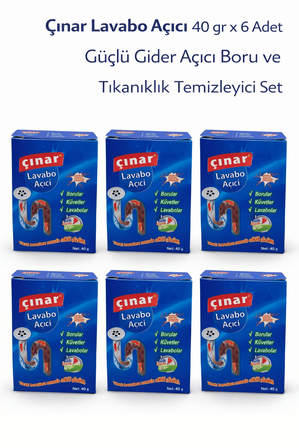 Çınar Lavabo Açıcı 40 gr x 6 Adet – Güçlü Gider Açıcı Boru ve Tıkanıklık Temizleyici Set