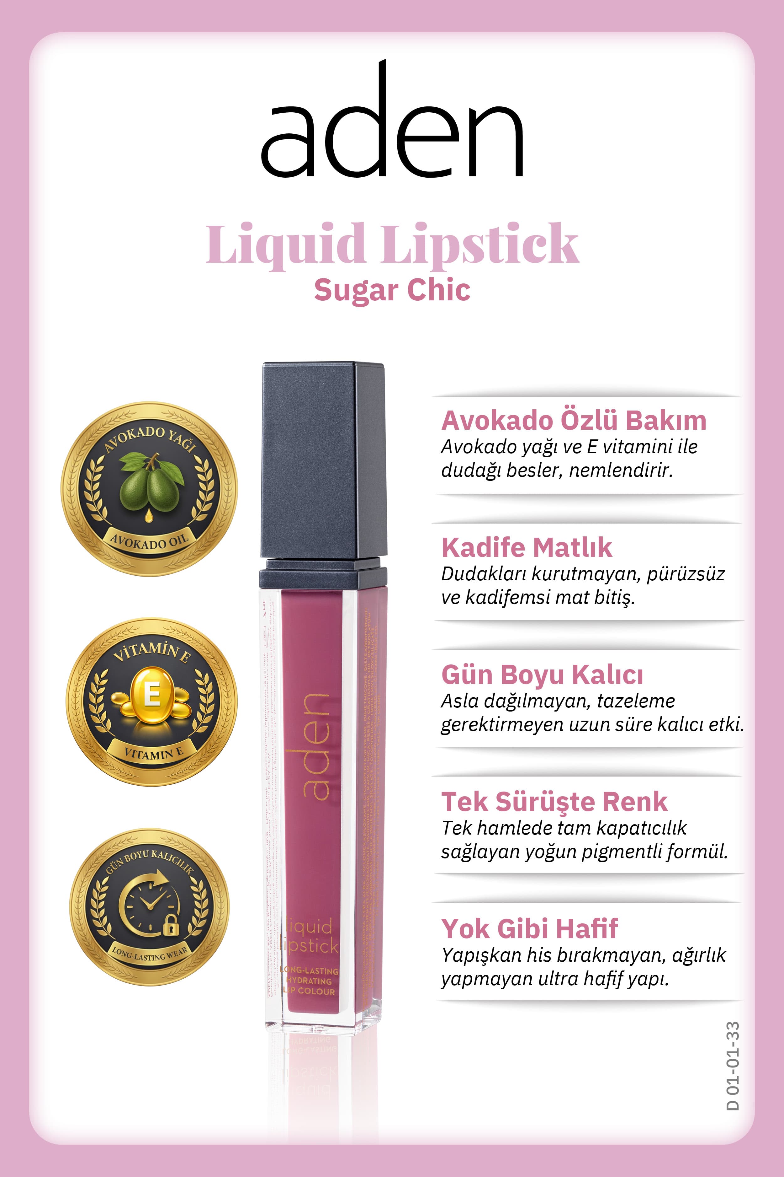 Aden Liquid Lipstick - Likit Ruj 33 Sugar Chic(Şık Şeker)