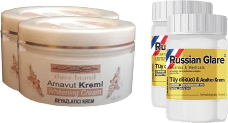 Three Brand Whitening Cream 100 ml Arnavut Kremi Aklık Kremi 2 Adet + Russıan Glare Tüy Dökücü Azaltıcı Merhem 50 ml 2 Adet