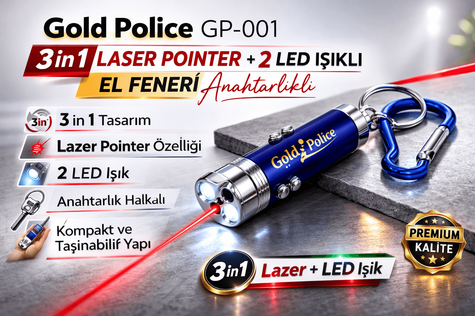 Gold GP-001 3 in 1 Lazer + 2 LED Işıklı El Feneri Anahtarlıklı 1 Adet