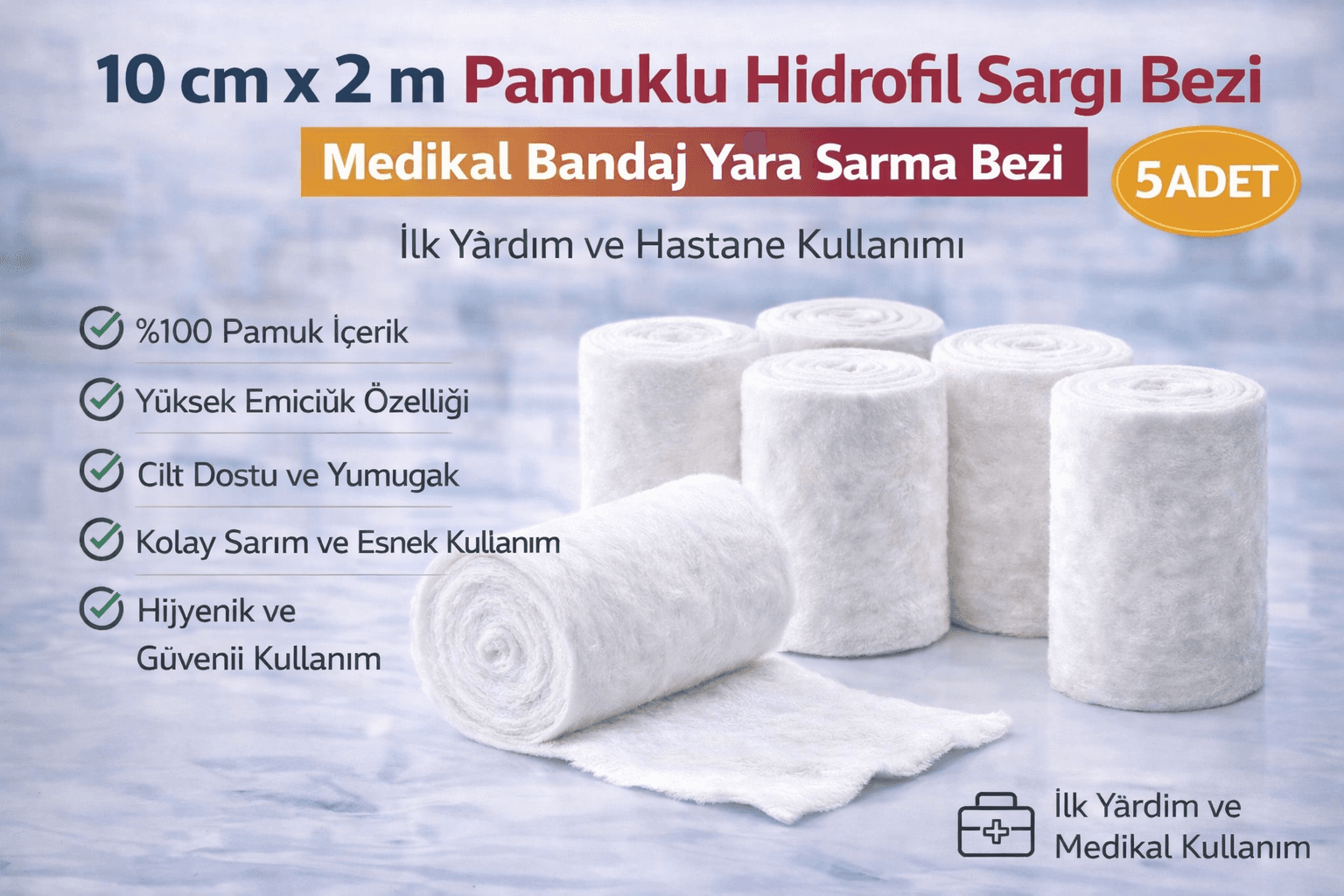 10 cm x 2 m Pamuklu Hidrofil Sargı Bezi Medikal Bandaj Yara Sarma Bezi İlk Yardım ve Hastane Kullanımı 5 Adet