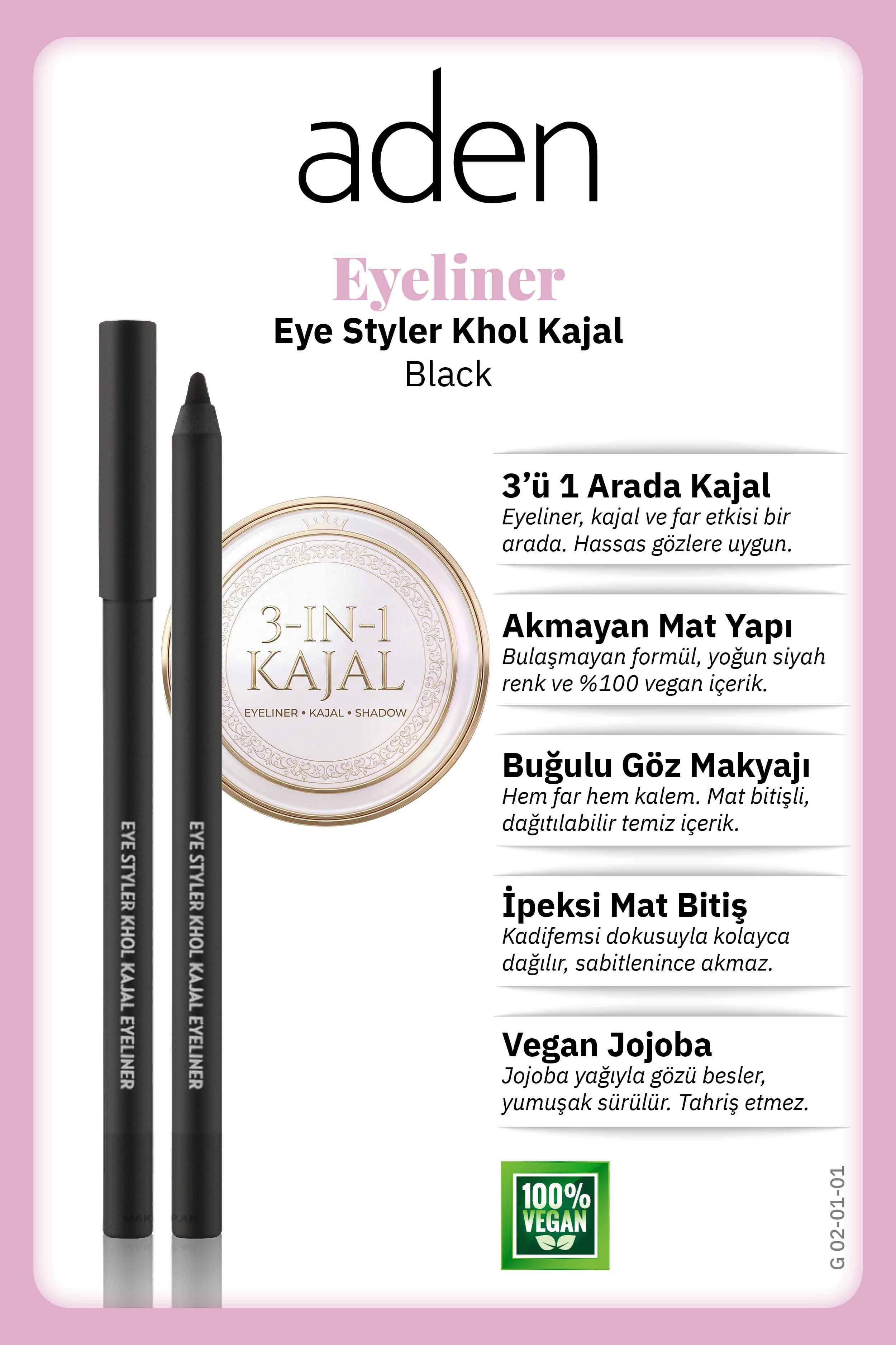 Aden Eyeliner Eye Styler Khol Kajal - Kajal Eyeliner 01 Black(Siyah)