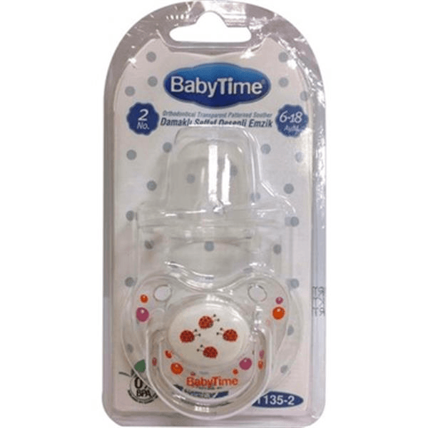 BabyTime Silikon Damaklı Koruyucu Kapaklı Şeffaf Gövdeli Desenli Emzik N.2 BT135-2