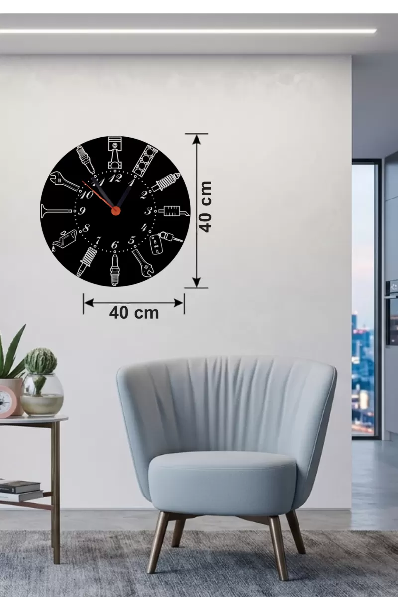 Otomobil Parçaları Tasarım Ahşap Duvar Saati - 40x40 cm Mekanik Saat
