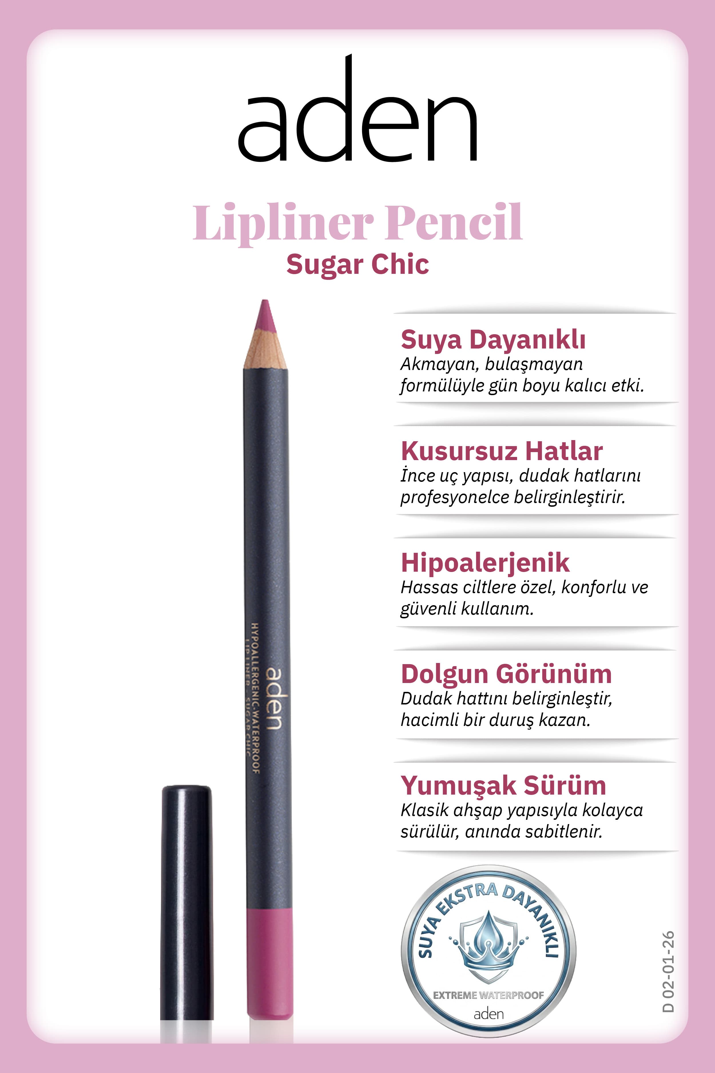 Aden Lipliner Pencil - Dudak Kalemi 26 Sugar Chic(Koyu Gül Kurusu)