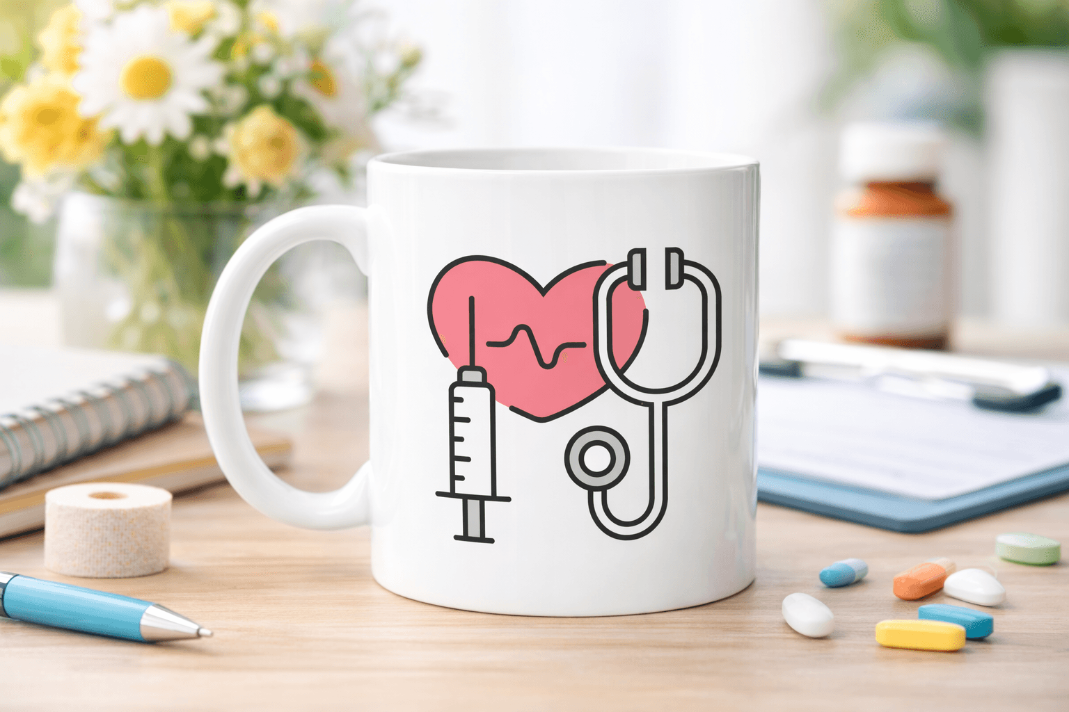 Sağlık Temalı Porselen Kupa MODEL 170 – Stetoskop Kalp ve Şırınga Tasarımlı Kahve Kupası – Doktor ve Hemşire Hediyesi