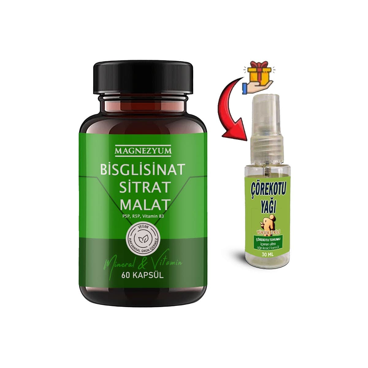 Magnezyum 1 Ad Bisglisinat magnezyum sitrat malat & vitamin b2 B3 B6 Caps 60lı + Çörek Otu Yağ