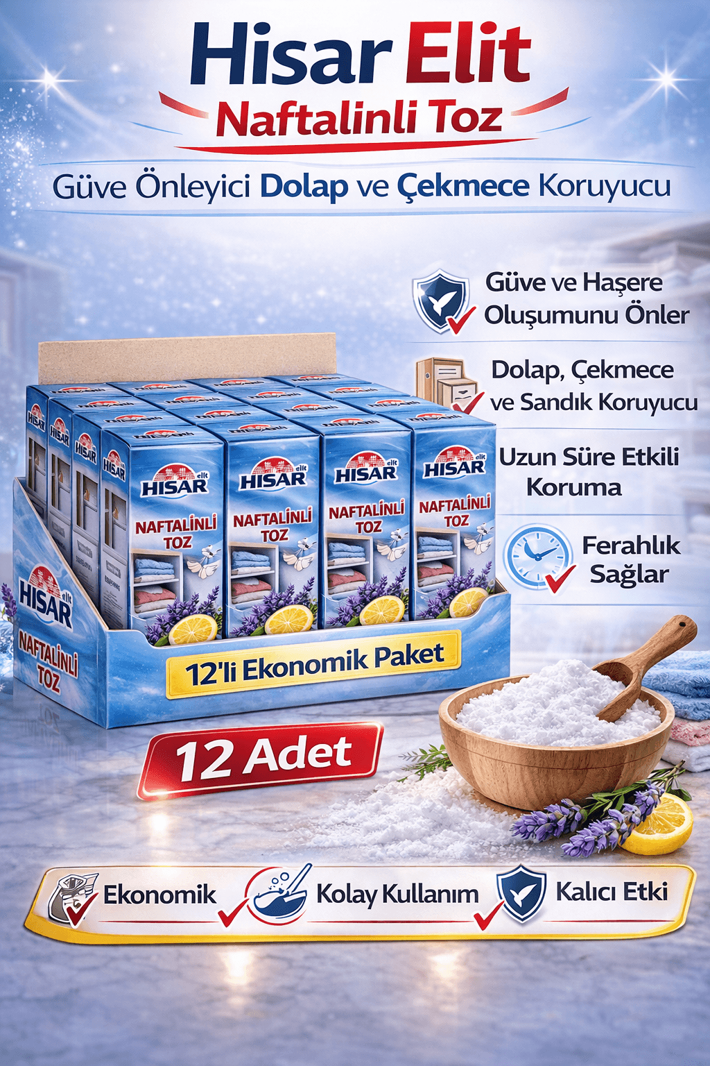 Hisar Elit Naftalinli Toz Güve Önleyici Dolap ve Çekmece Koruyucu 12 Adet