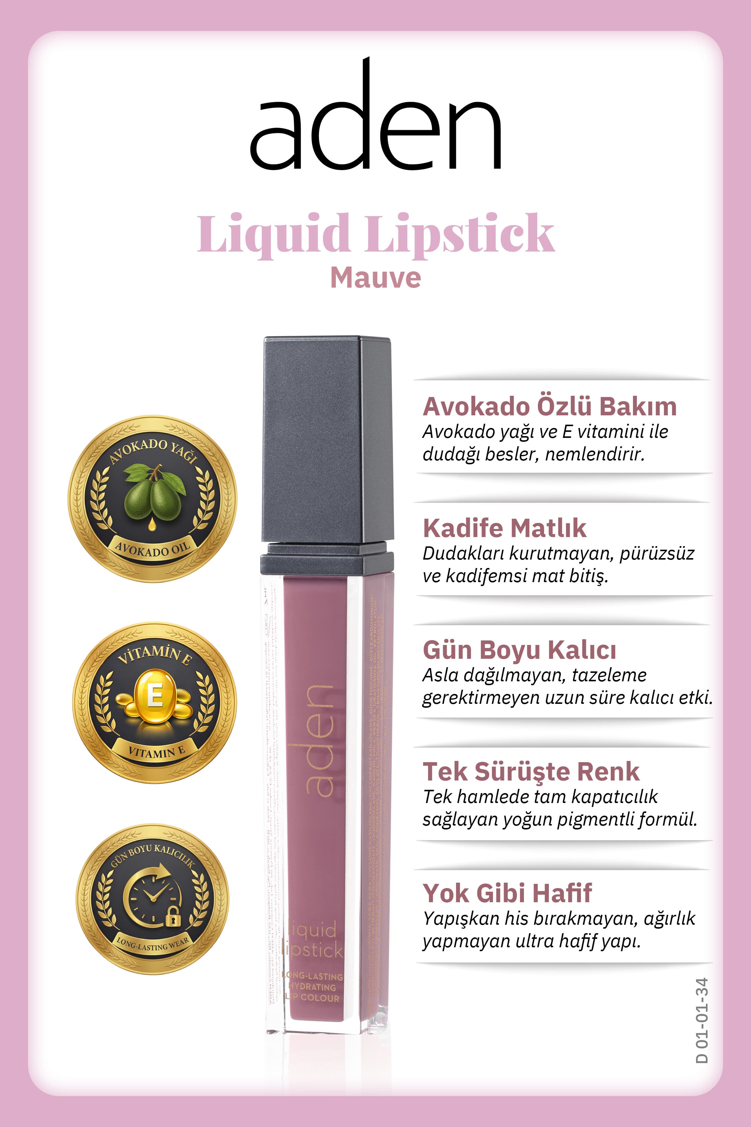 Aden Liquid Lipstick - Likit Ruj 34 Mauve(Eflatun)