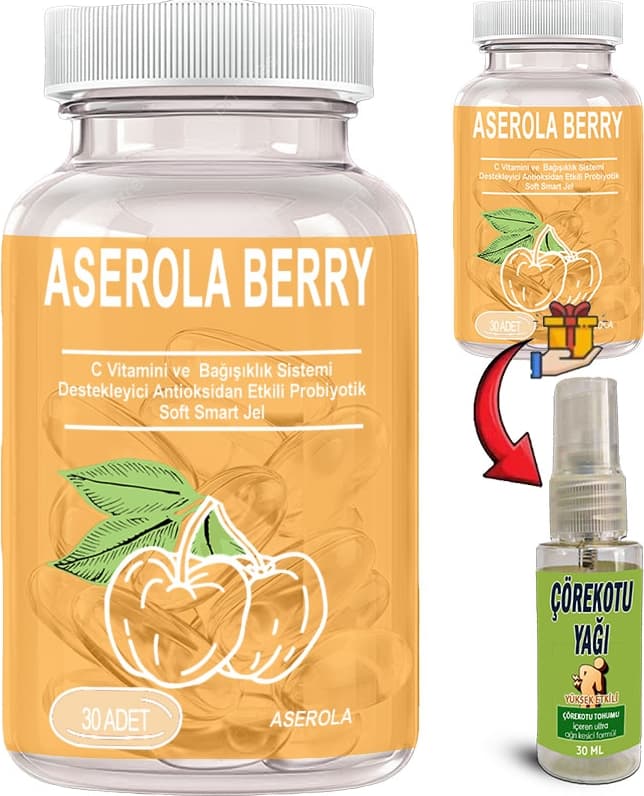 Aserola Berry: 2 Adet Aserola Ekstresi Içeren C Vitaminli Antioksidanlı Probiyotik 30LU Soft Jel Kapsüller + 30 ml Çörek Otu Masaj Yağı