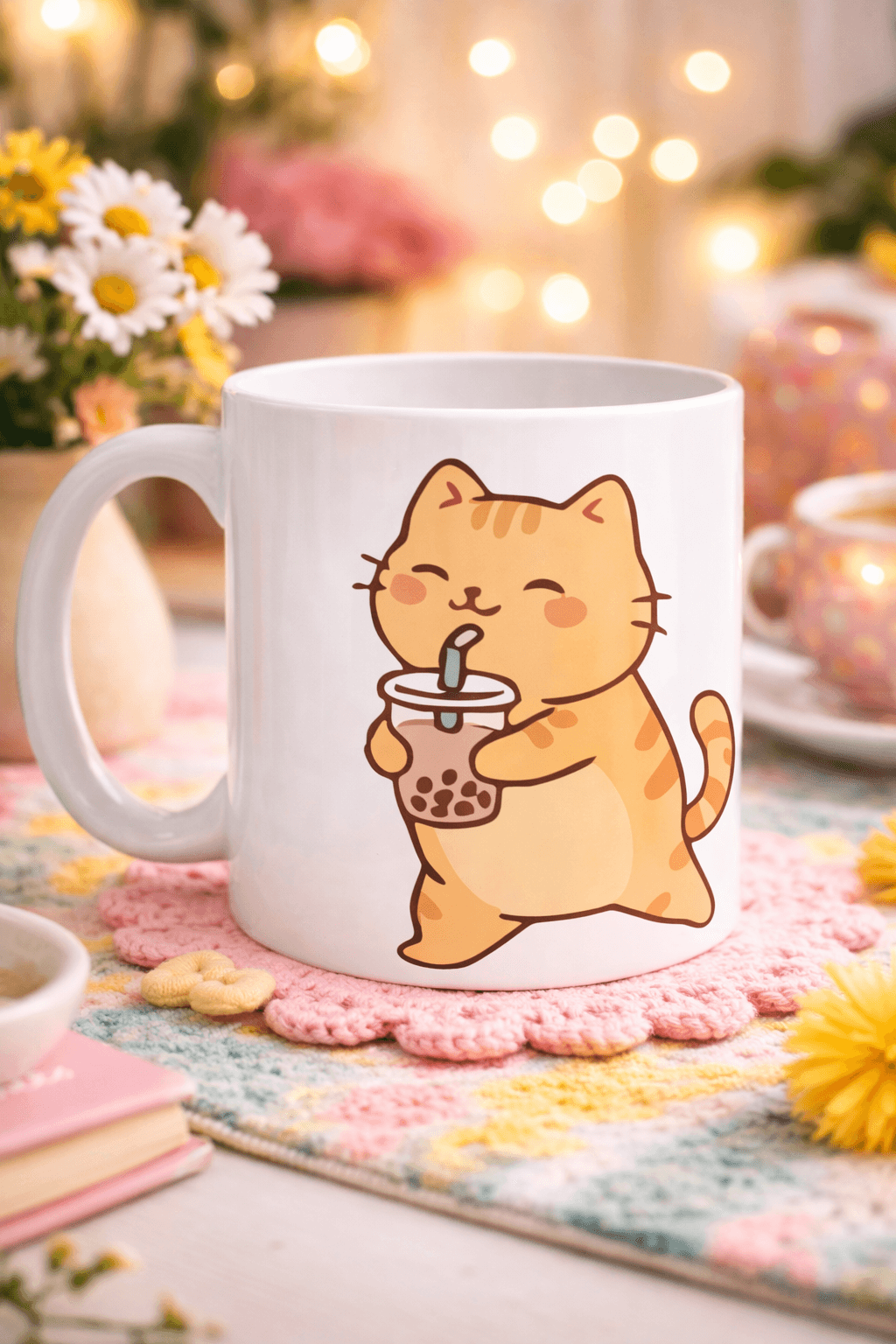 Sevimli Kedi Bubble Tea Tasarımlı Porselen Kupa MODEL 192 – Boba Çayı İçen Kedi Kahve Kupası – Kedi Severlere Hediyelik Kupa Bardak
