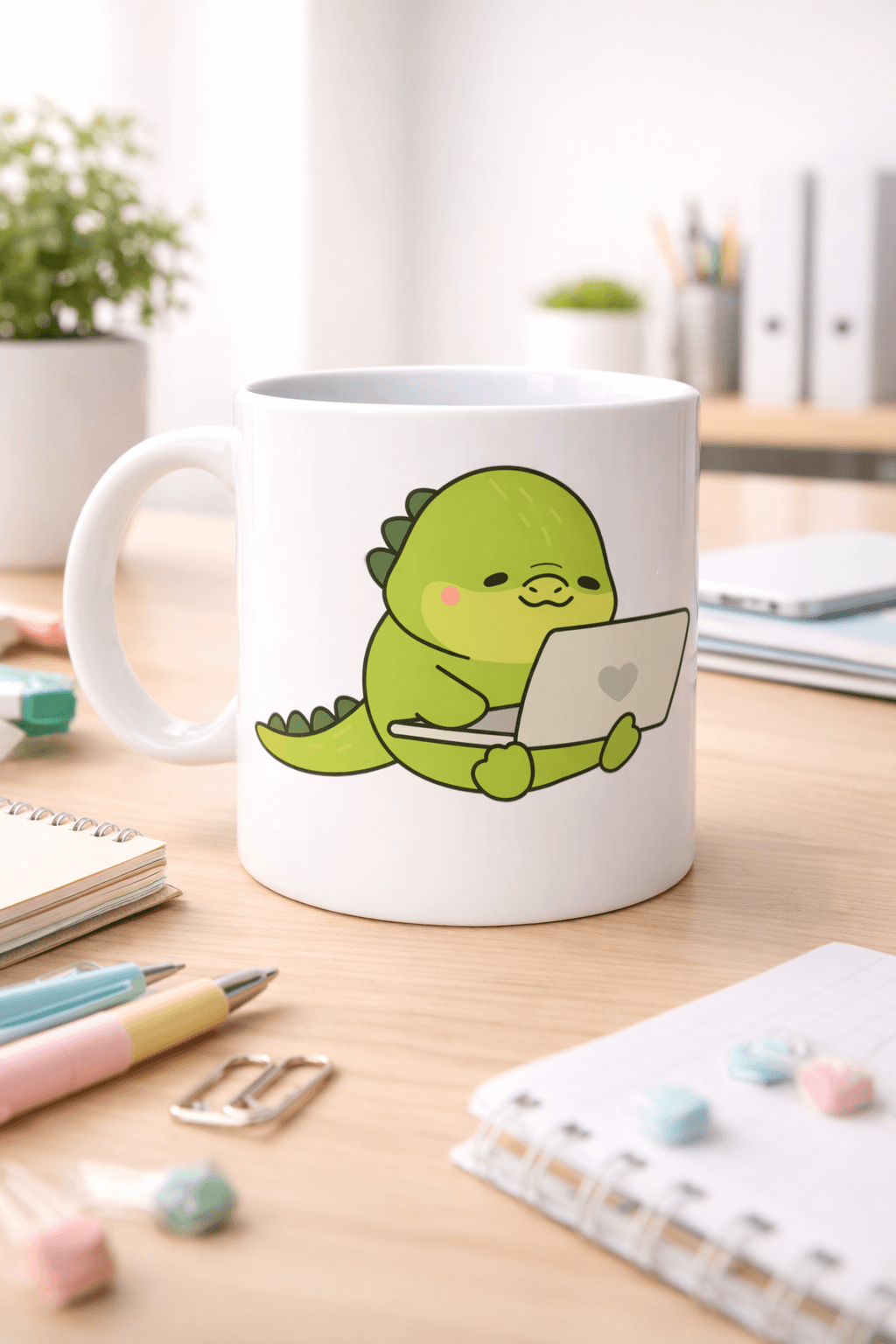 Sevimli Dinozor Tasarımlı Porselen Kupa MODEL 117 – Laptoplu Tatlı Dino Figürlü Ofis & Ev Kahve Kupası