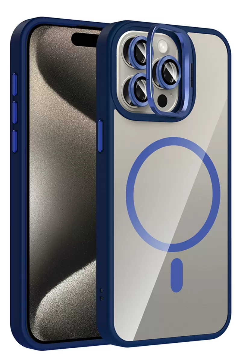 iPhone 14 Pro Max Remim Lensli Magsafe Standlı Kapak - Lacivert