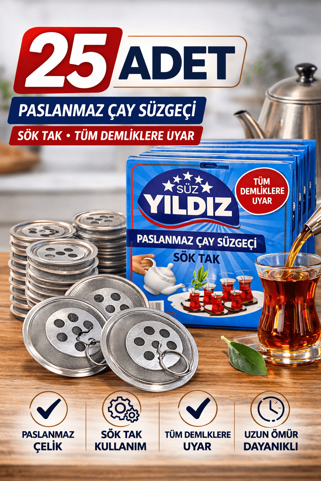25 Adet Paslanmaz Çelik Çaydanlık Demlik Süzgeci Sök Tak Çay Süzgeci Tüm Demliklere Uyumlu Çaydanlık Filtresi