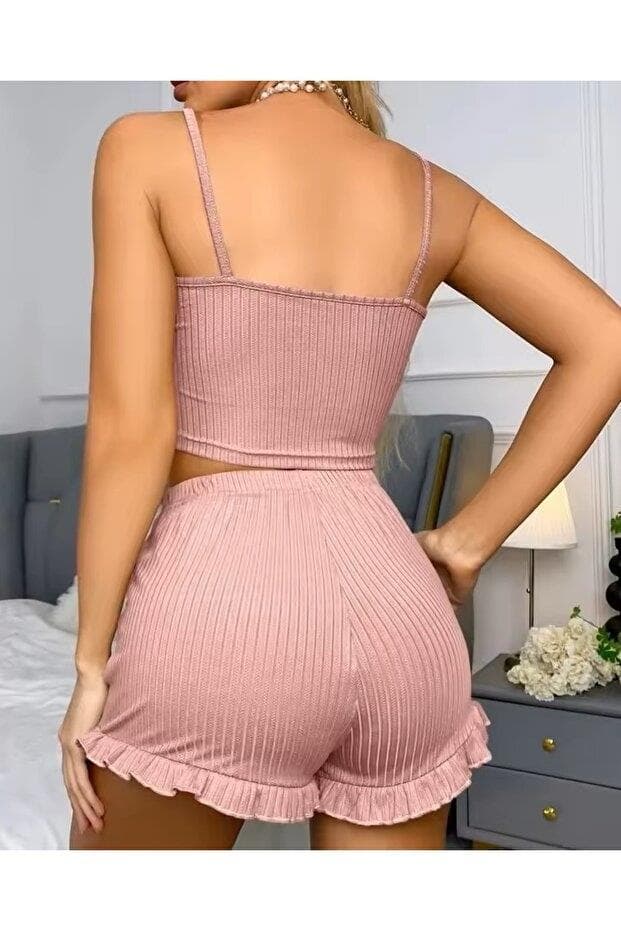 Kadın Pudra Dantel Detaylı Şortlu Gecelik Pijama Takımı 5015