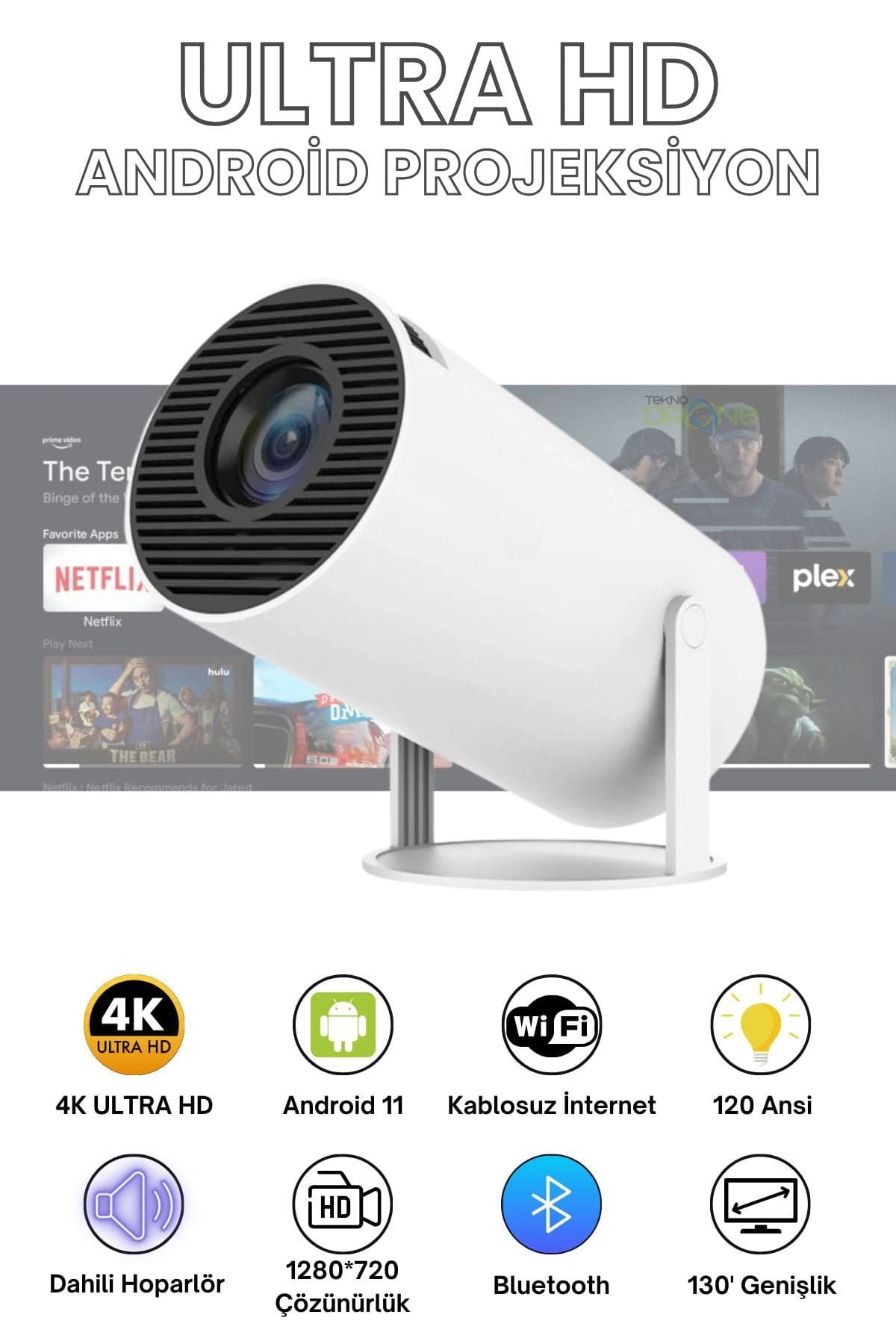 HY300 Mini Projeksiyon 4K Destekli - Android WiFi Bluetooth