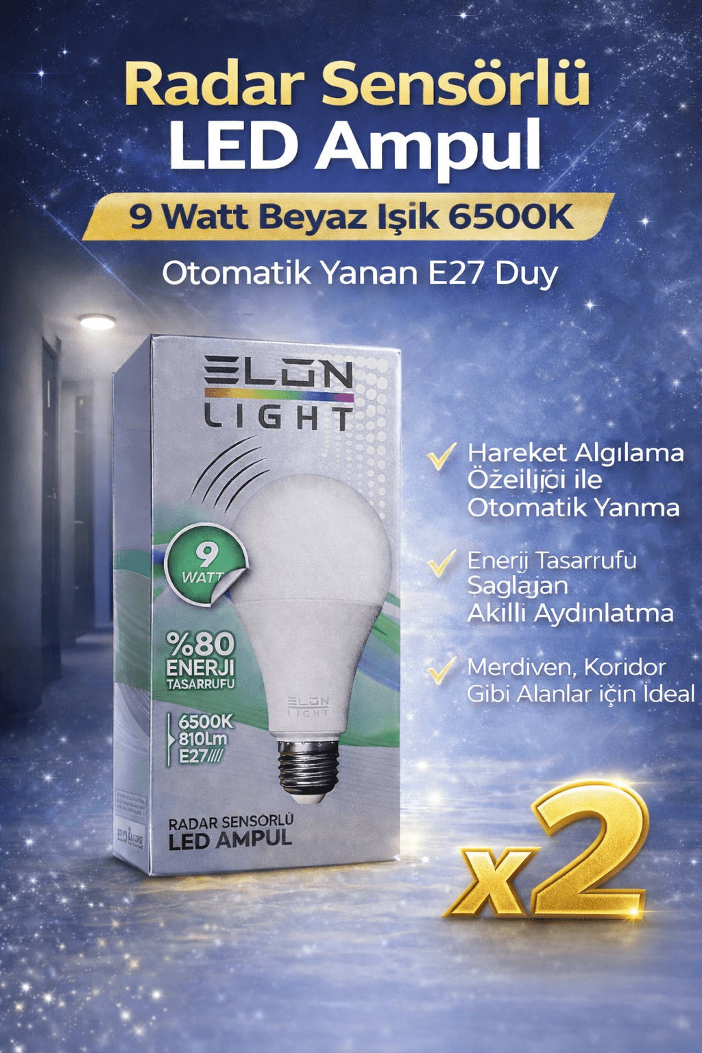 Radar Sensörlü LED Ampul 9 Watt Beyaz Işık 6500K Otomatik Yanan E27 Duy 2 Adet