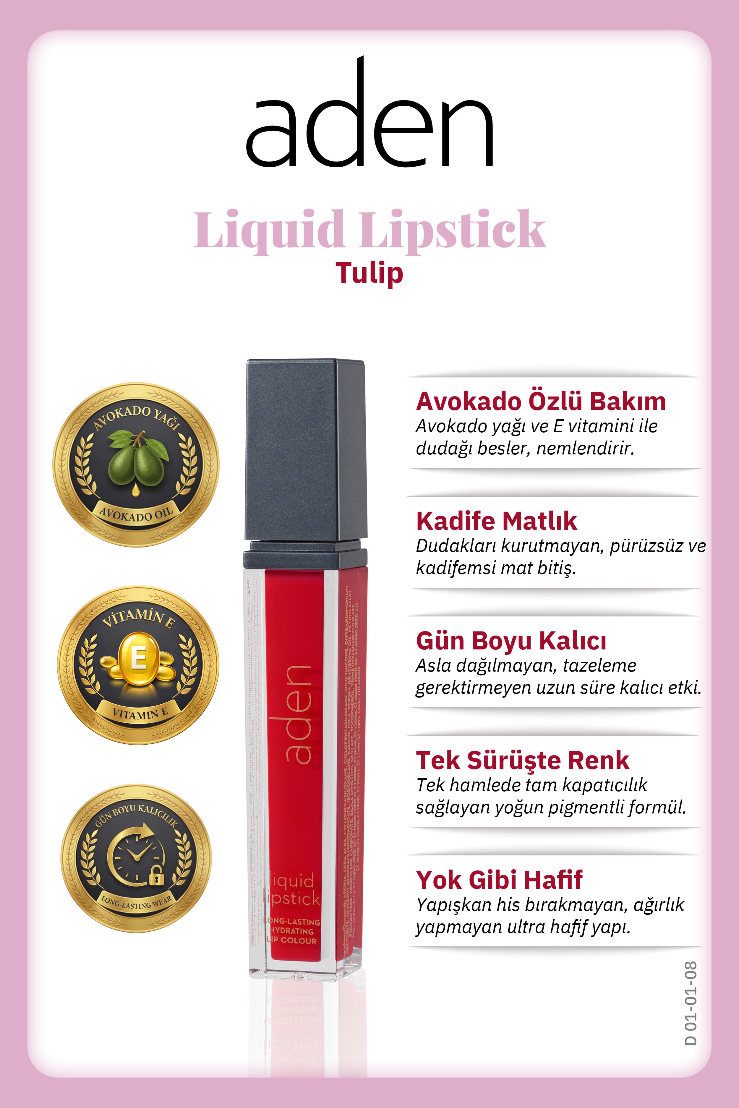 Aden Liquid Lipstick - Likit Ruj 08 Tulip(Lale Kızılı)