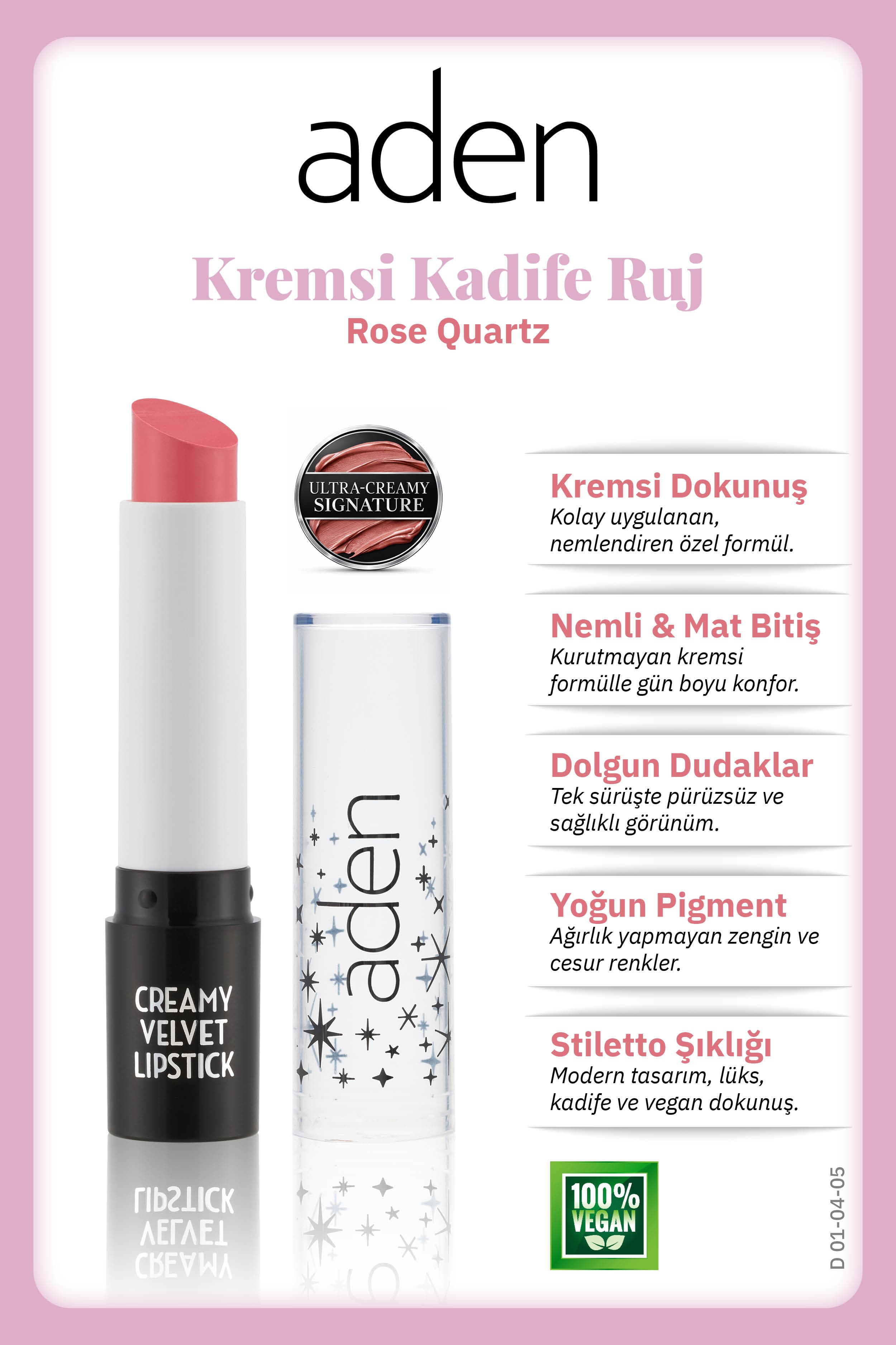 Aden Creamy Velvet Lipstick - Kremsi Kadife Ruj 06 Rose Quartz(Gül Kuvars)