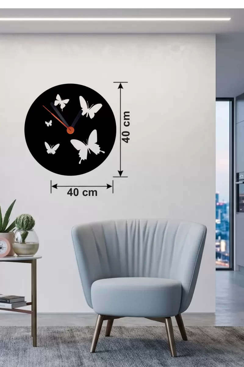 Uçuşan Kelebekler Tasarım Ahşap Duvar Saati - 40x40 cm Dekoratif