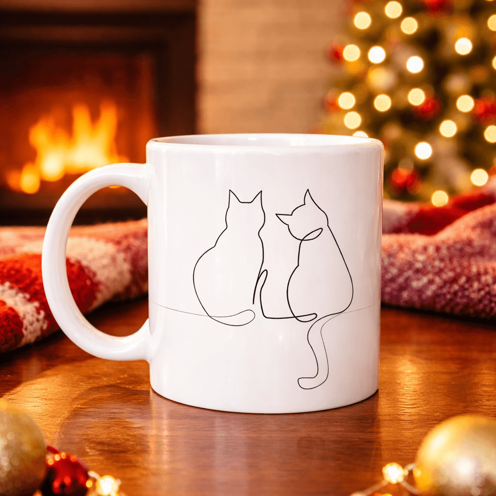Minimal Çizim İki Kedi Desenli Porselen Kupa MODEL 77 – Sevgi Temalı Şık Tasarım, Kahve & Çay Kupası