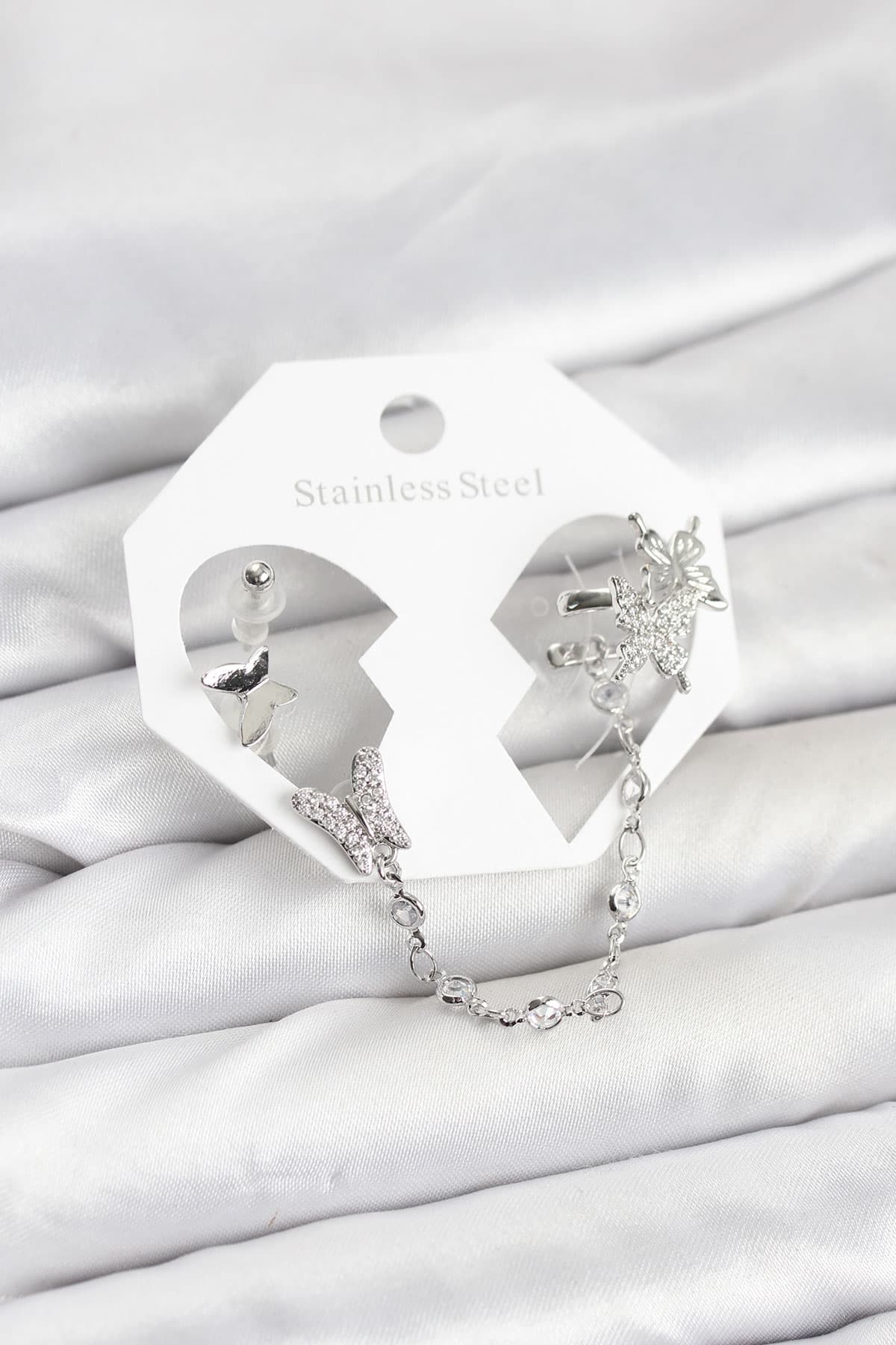 Pirinç Gümüş Renk Kelebek Model Zincir Bağlantılı Ear Cuff Küpe Seti