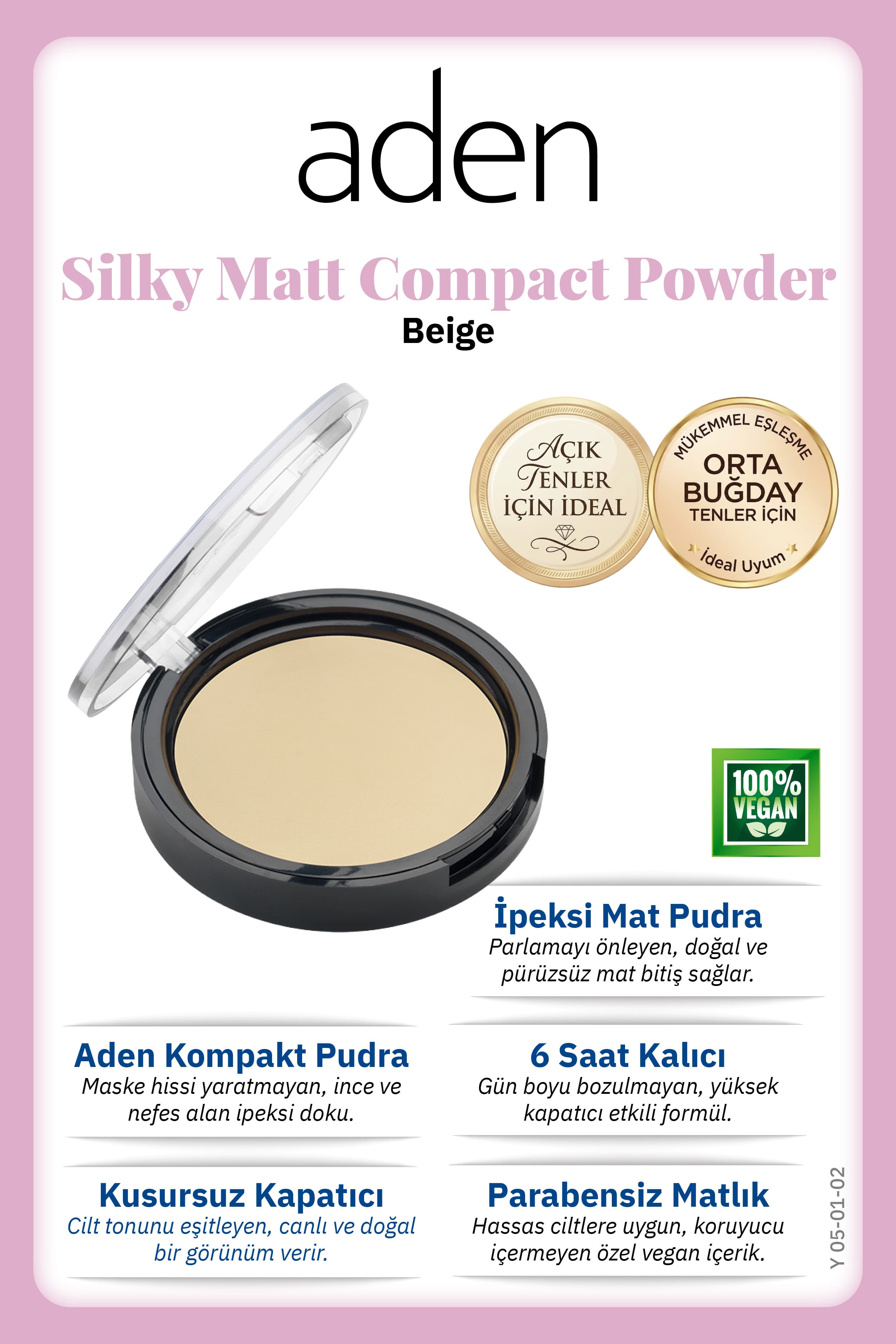Aden Silky Matt Compact Powder - İpeksi Mat Pudra 02 Beige(Bej)